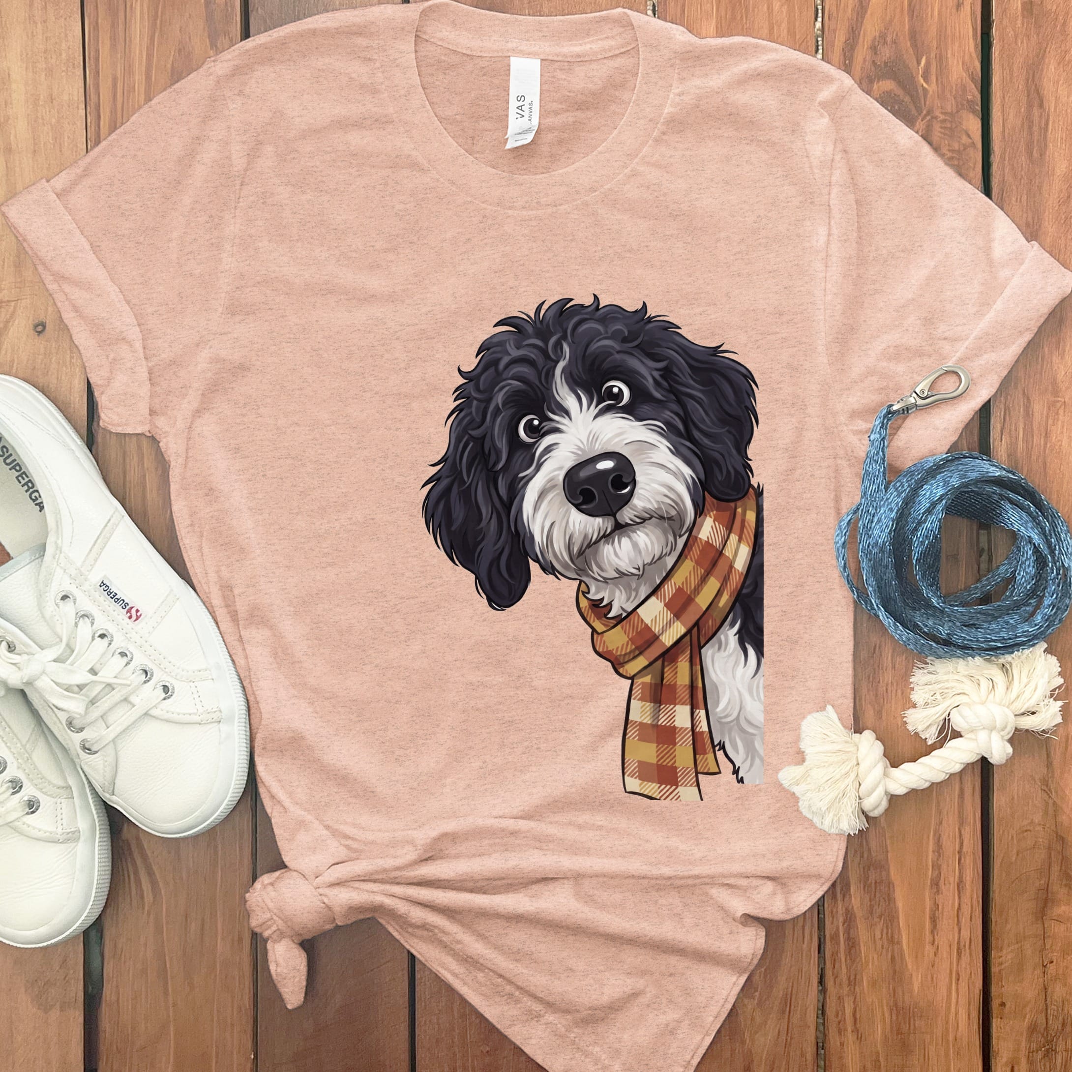 Fall Plaid Sheepadoodle T-Shirt in Heather Peach / S by Puppy Jo