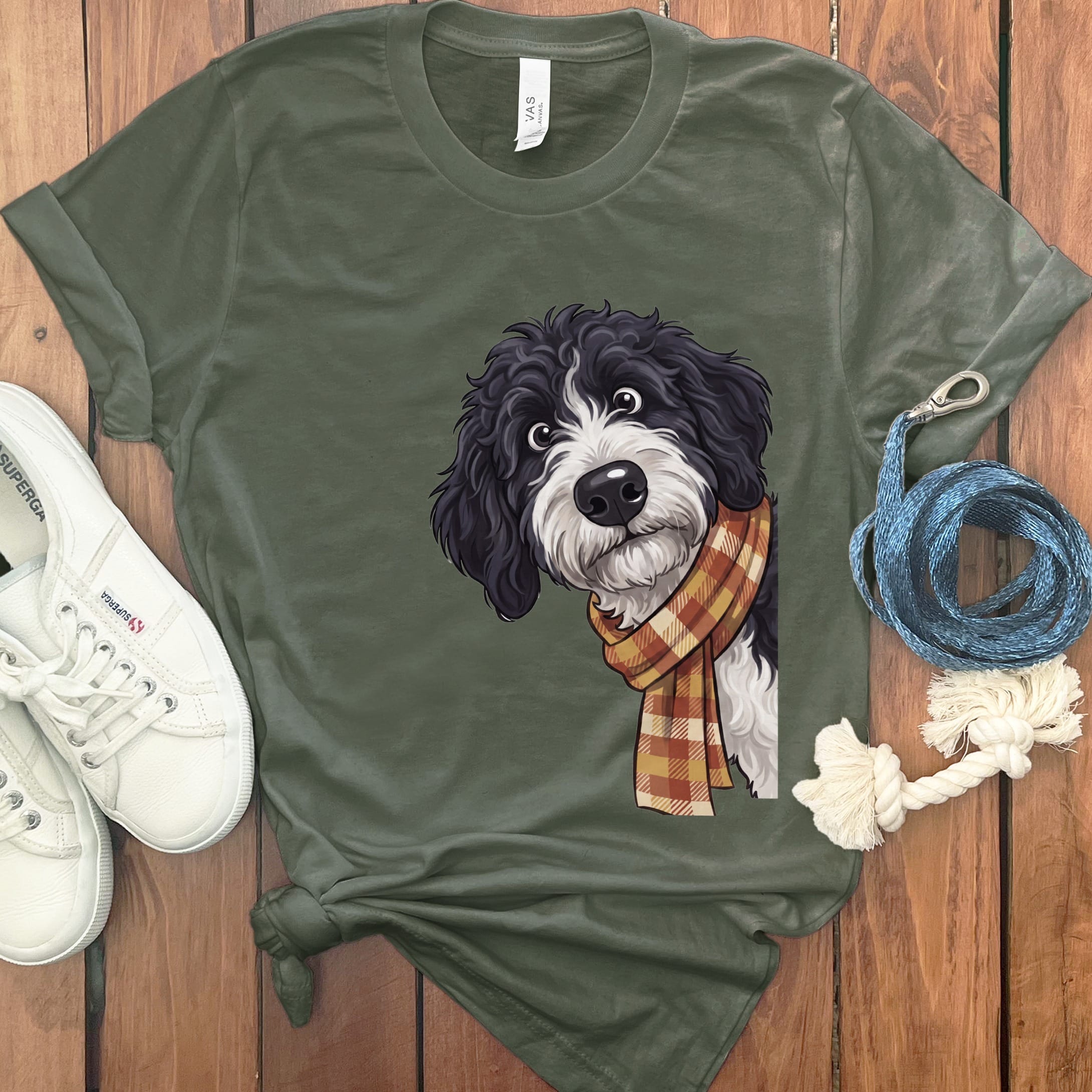 Fall Plaid Sheepadoodle T-Shirt in Military Green / S by Puppy Jo