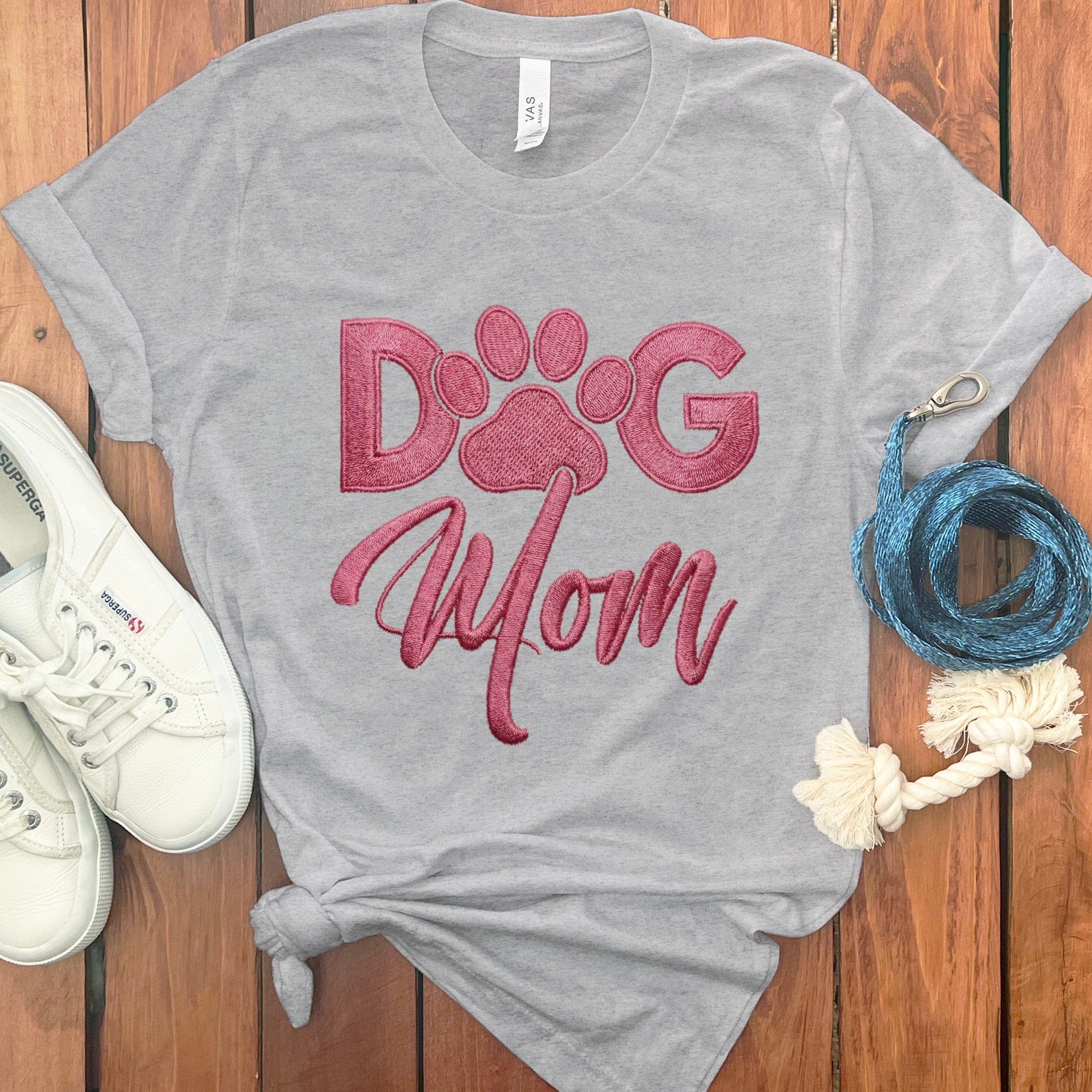 Faux Embroidered Dog Mom T-Shirt in Athletic Heather / S by Puppy Jo