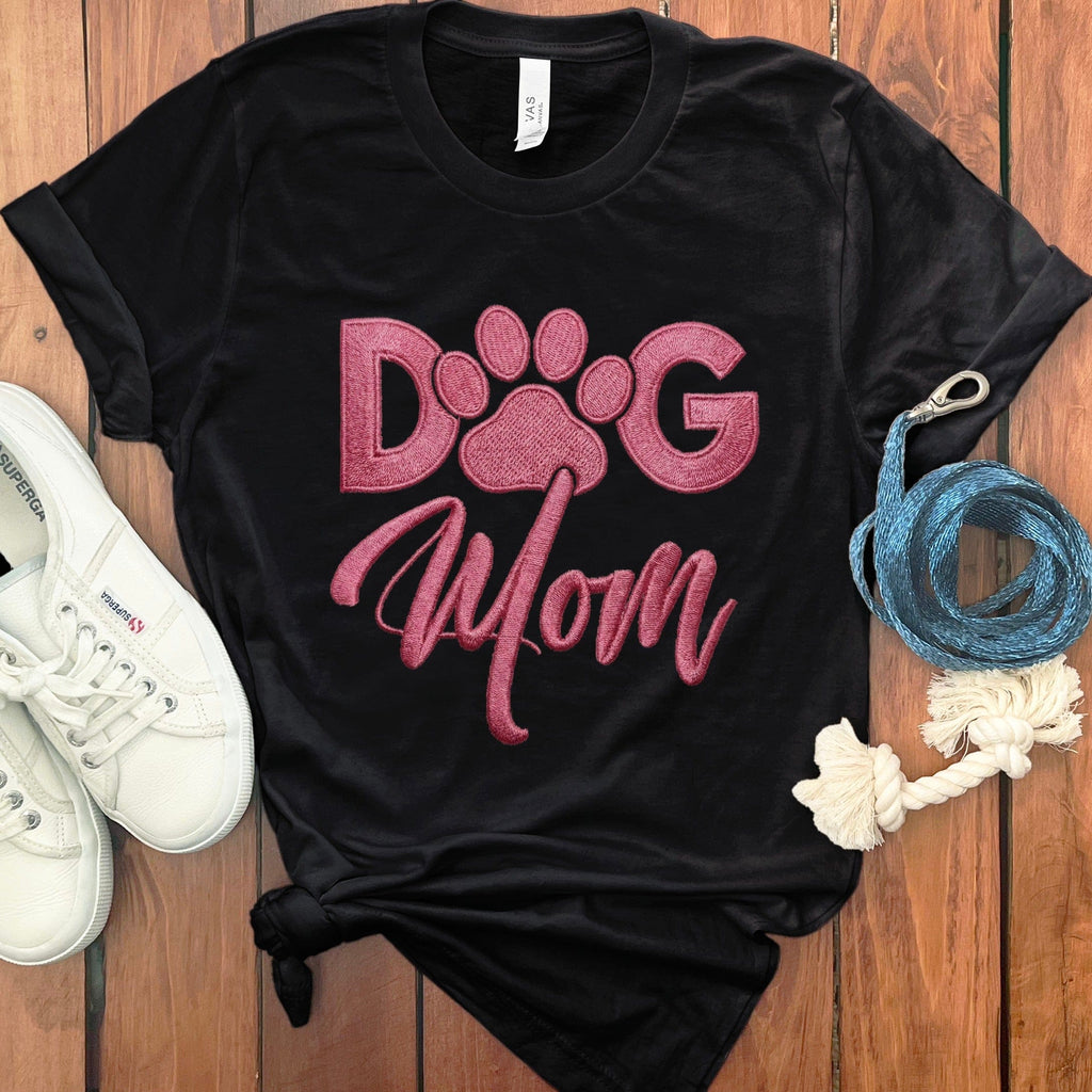 Faux Embroidered Dog Mom T-Shirt in Black / S by Puppy Jo