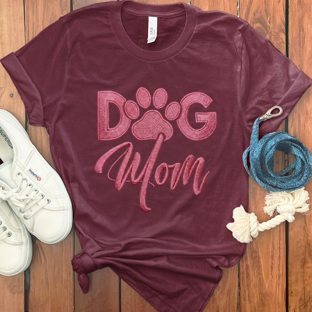 Faux Embroidered Dog Mom T-Shirt in Maroon / S by Puppy Jo