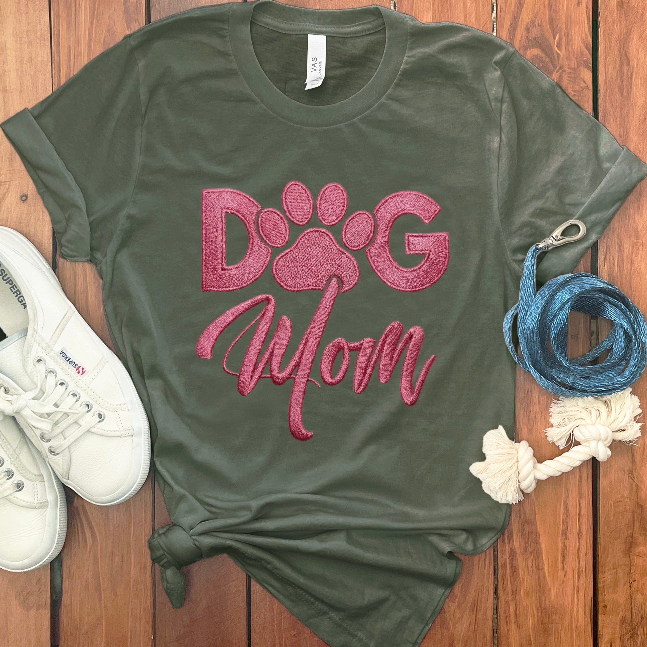 Faux Embroidered Dog Mom T-Shirt in Military Green / S by Puppy Jo