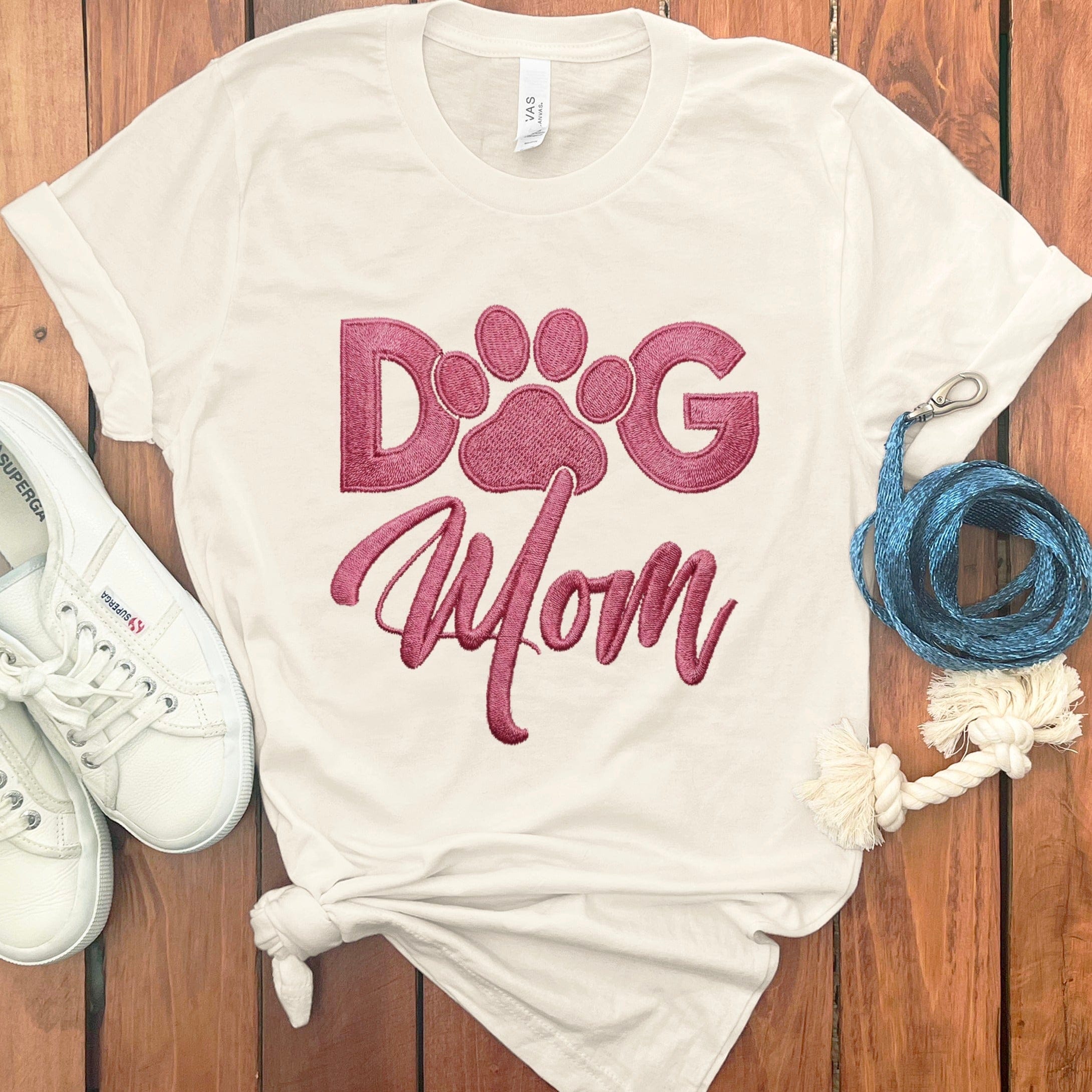 Faux Embroidered Dog Mom T-Shirt in Natural / S by Puppy Jo
