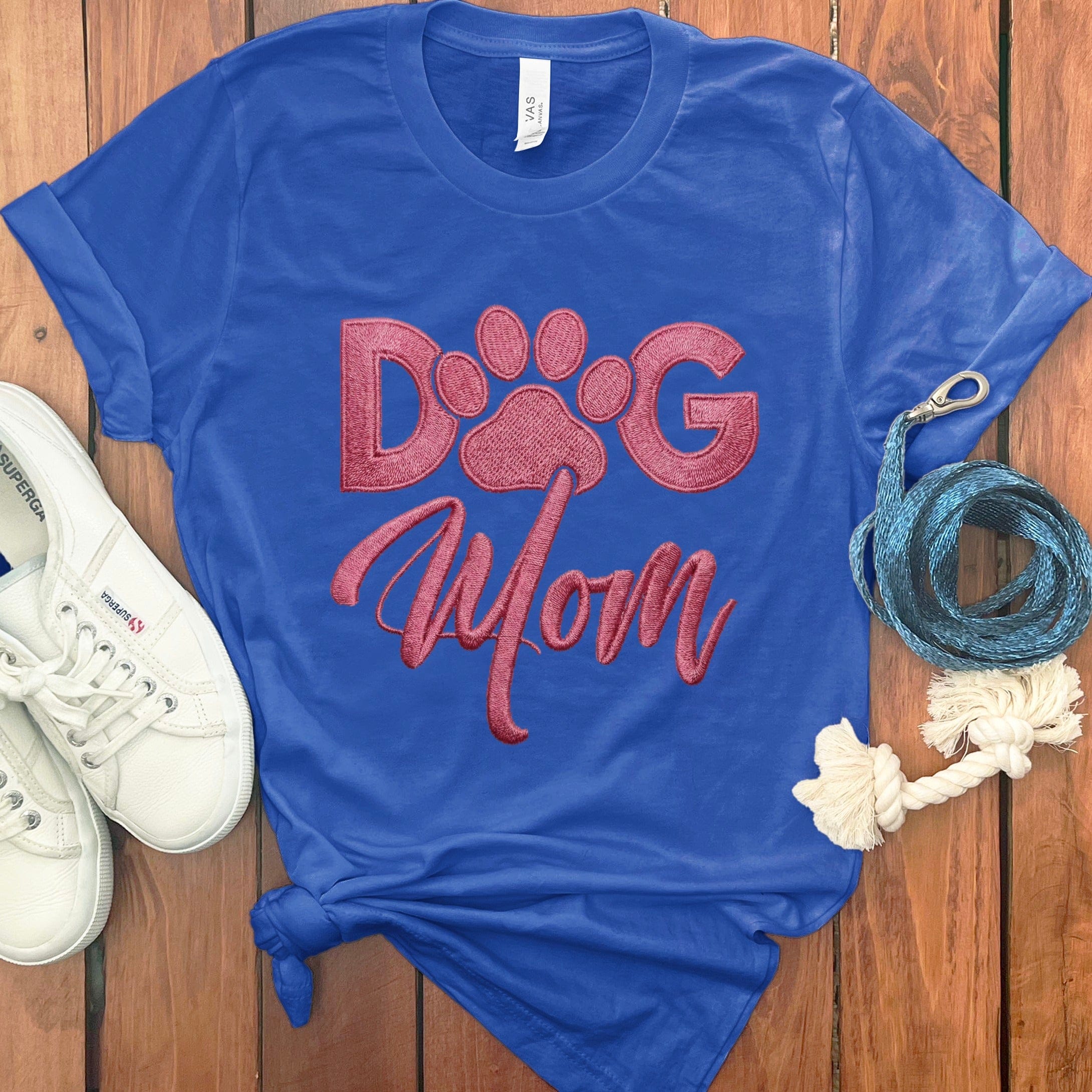 Faux Embroidered Dog Mom T-Shirt in True Royal / S by Puppy Jo