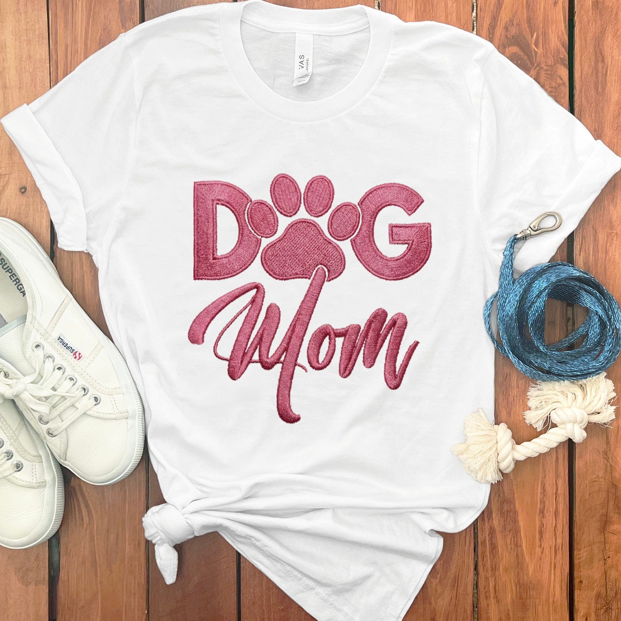 Faux Embroidered Dog Mom T-Shirt in White / S by Puppy Jo