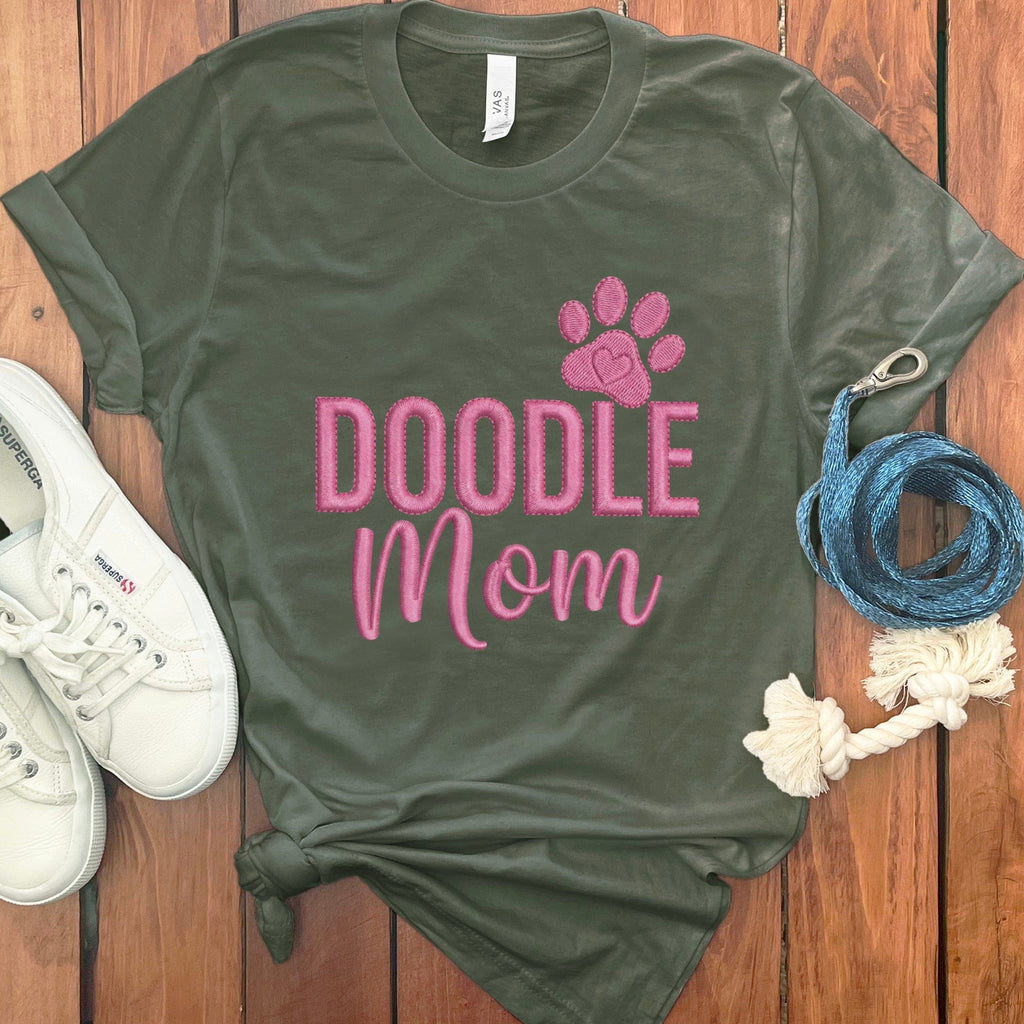 Faux Embroidery Doodle Mom T-Shirt in Military Green / S by Puppy Jo