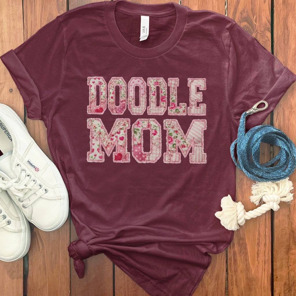 Faux Patchwork Doodle Mom T-Shirt in Maroon / M / T-Shirts by Puppy Jo