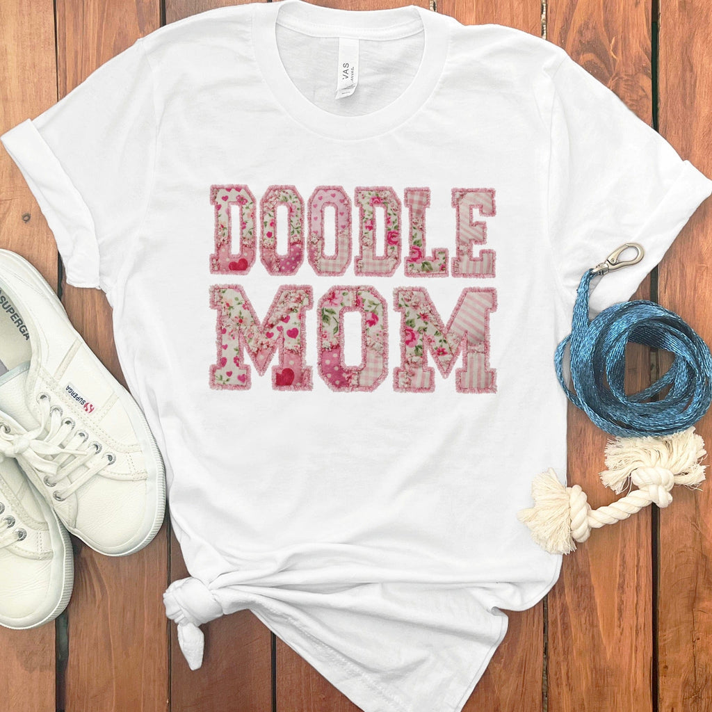 Faux Patchwork Doodle Mom T-Shirt in White / M / T-Shirts #1 by Puppy Jo