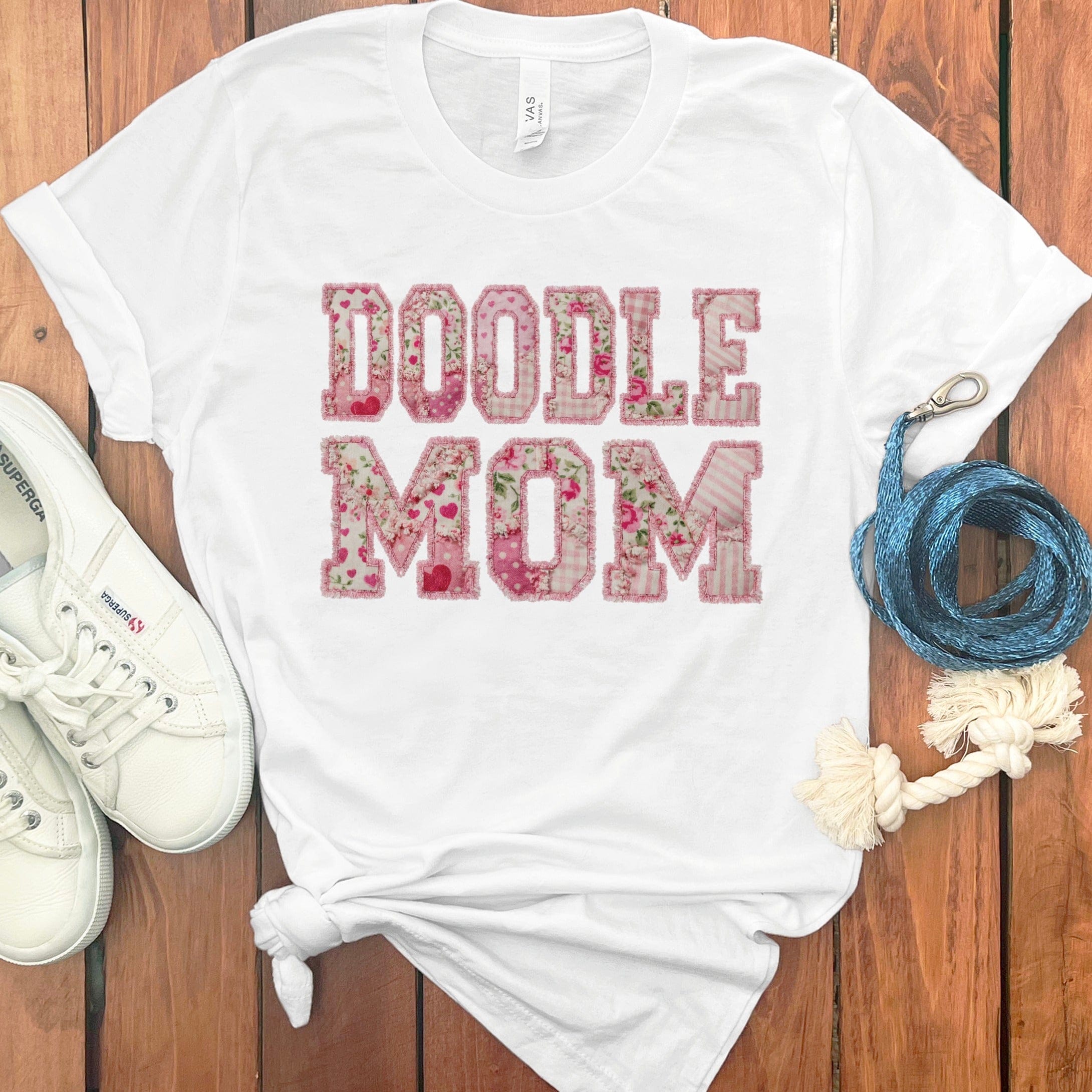 Faux Patchwork Doodle Mom T-Shirt in White / M / T-Shirts #1 by Puppy Jo