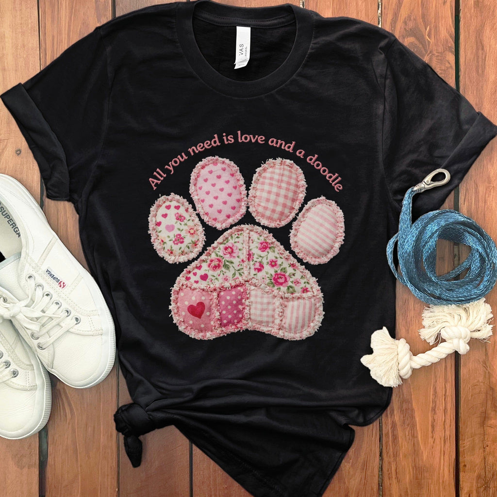 Faux Patchwork Doodle Paw T-Shirt in Black / M / T-Shirts by Puppy Jo