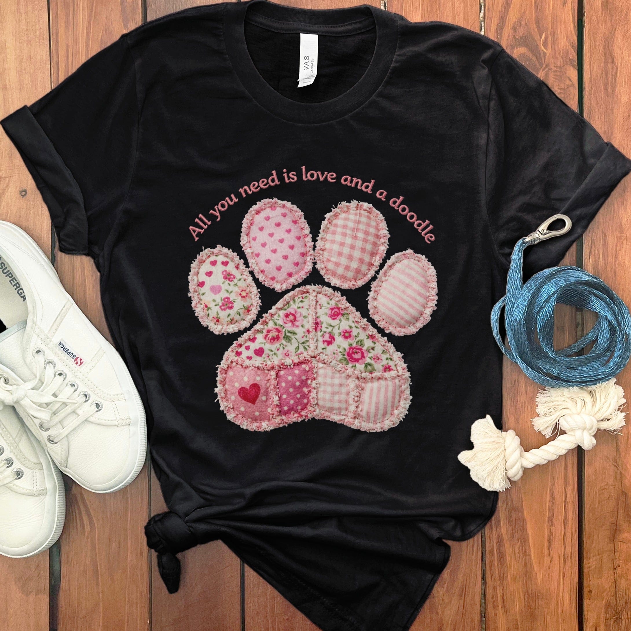 Faux Patchwork Doodle Paw T-Shirt in Black / M / T-Shirts by Puppy Jo