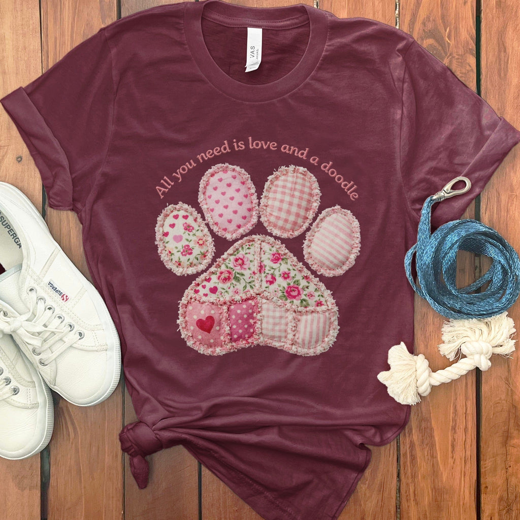 Faux Patchwork Doodle Paw T-Shirt in Maroon / M / T-Shirts by Puppy Jo