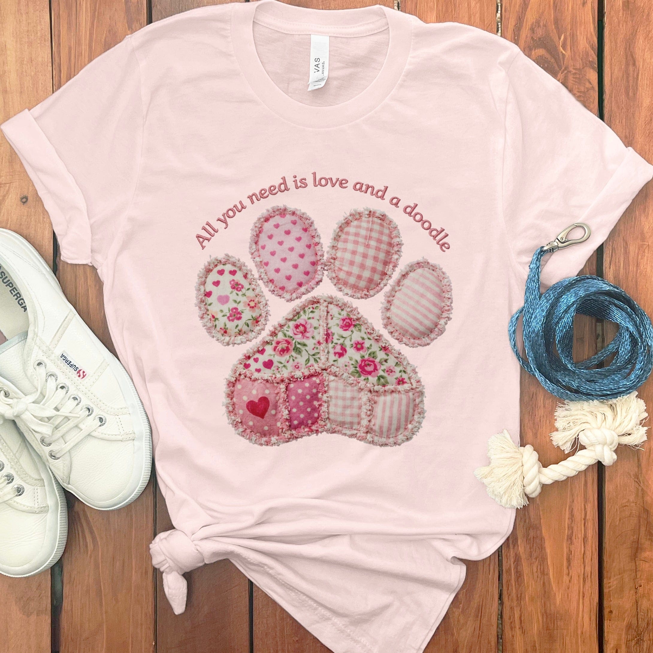 Faux Patchwork Doodle Paw T-Shirt in Soft Pink / M / T-Shirts #1 by Puppy Jo