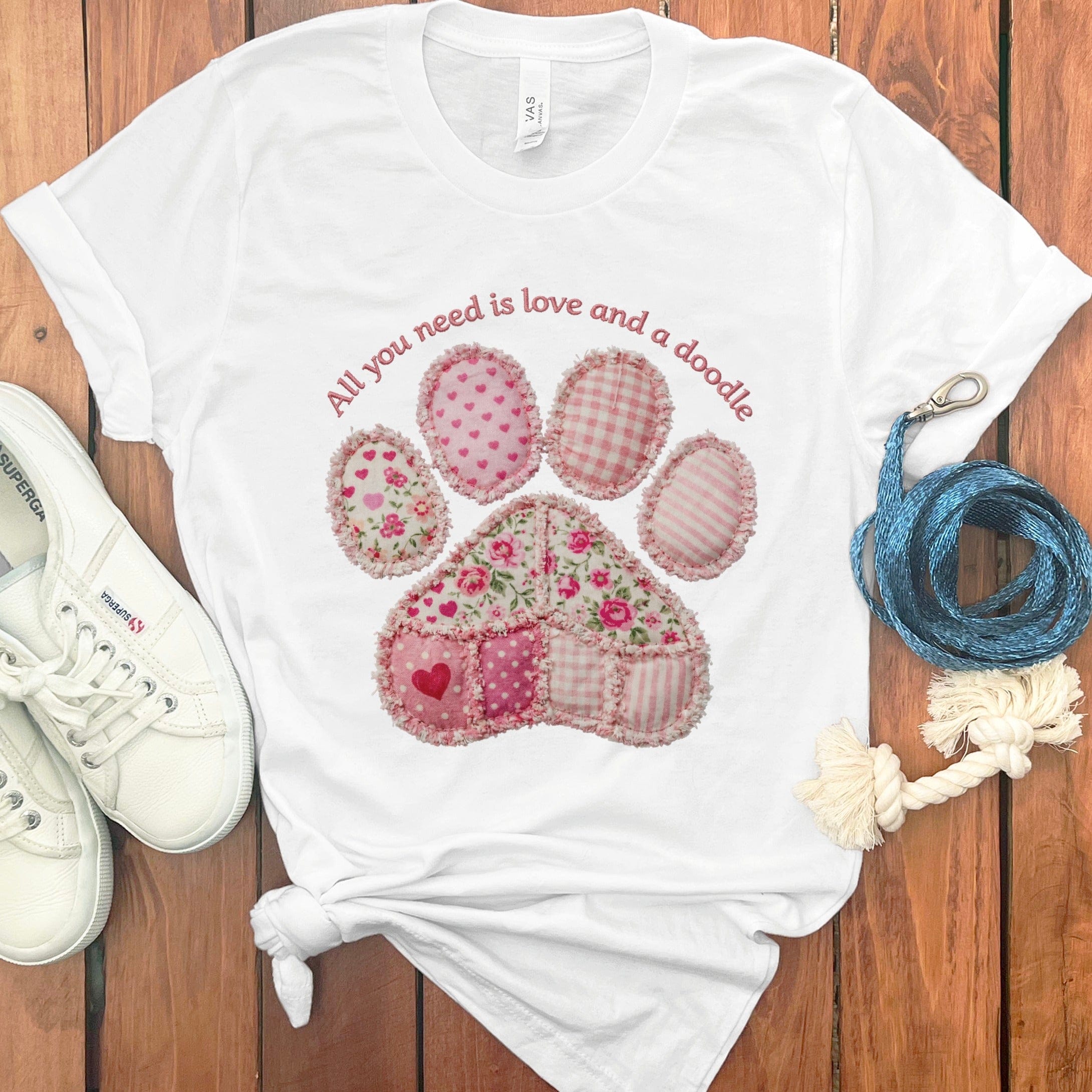 Faux Patchwork Doodle Paw T-Shirt in White / M / T-Shirts #1 by Puppy Jo