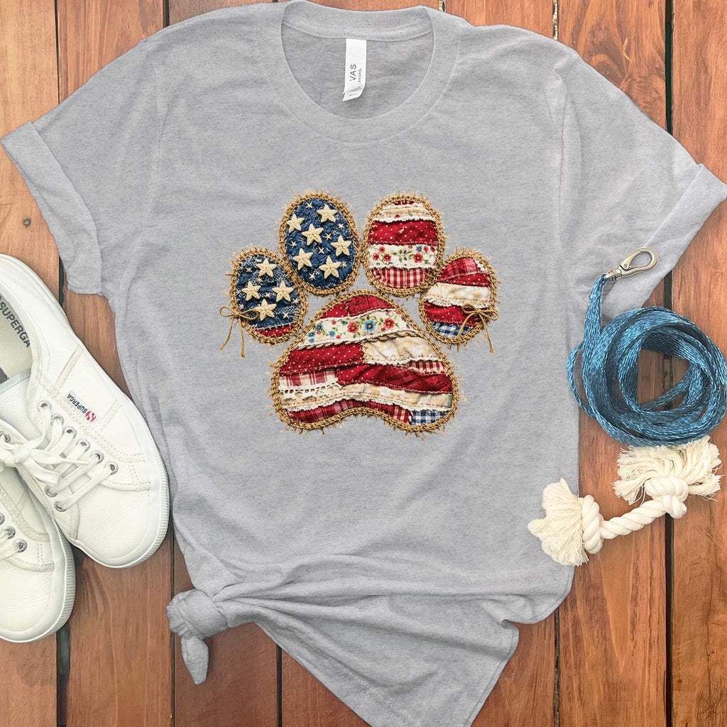 Faux Patchwork Patriotic Paw T-Shirt in Athletic Heather / S by Puppy Jo