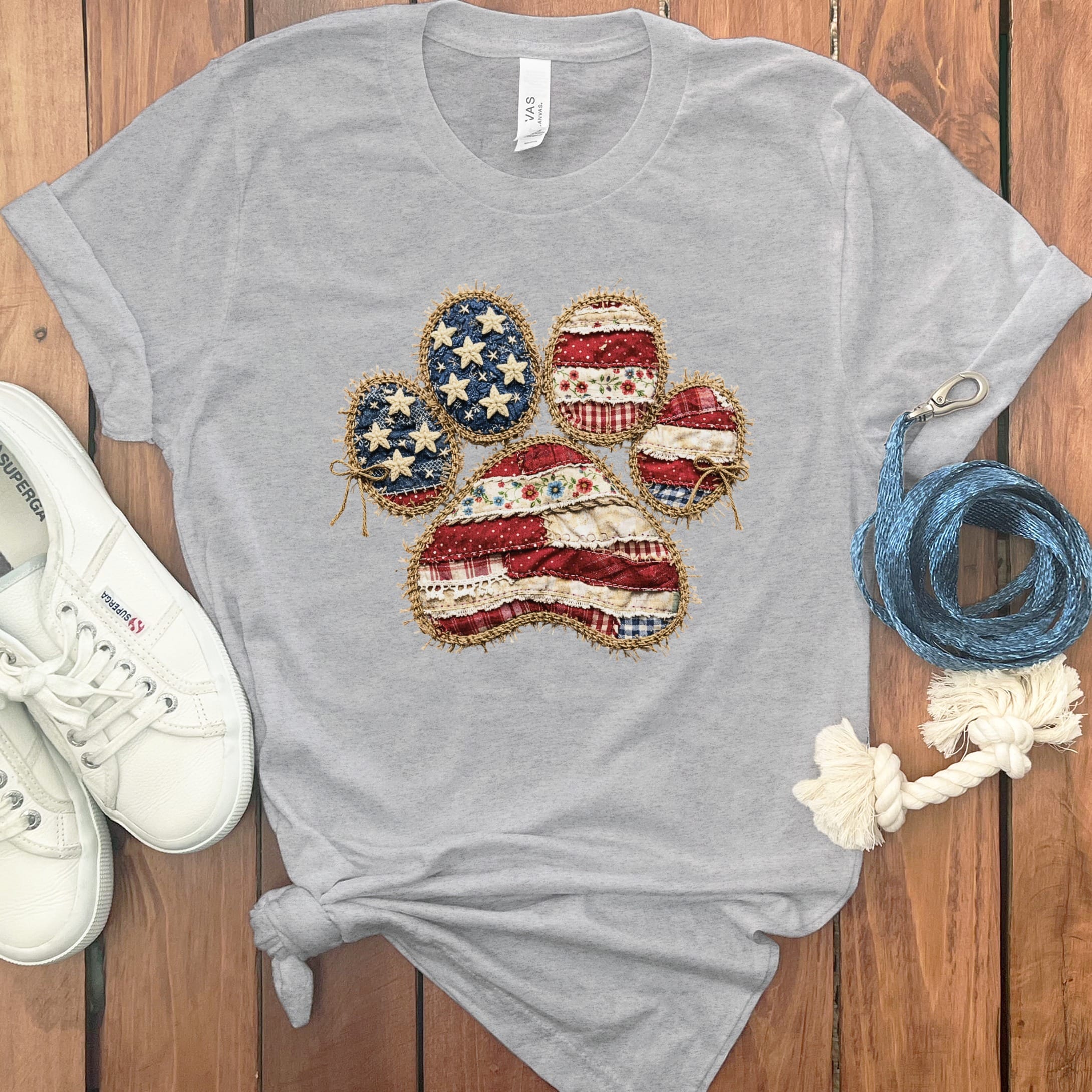 Faux Patchwork Patriotic Paw T-Shirt in Athletic Heather / S by Puppy Jo