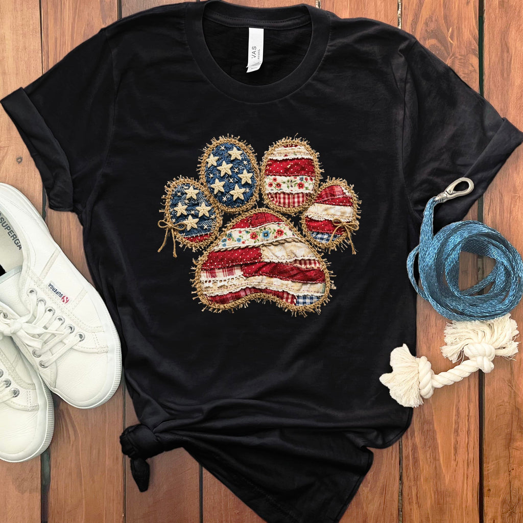 Faux Patchwork Patriotic Paw T-Shirt in Black / S by Puppy Jo