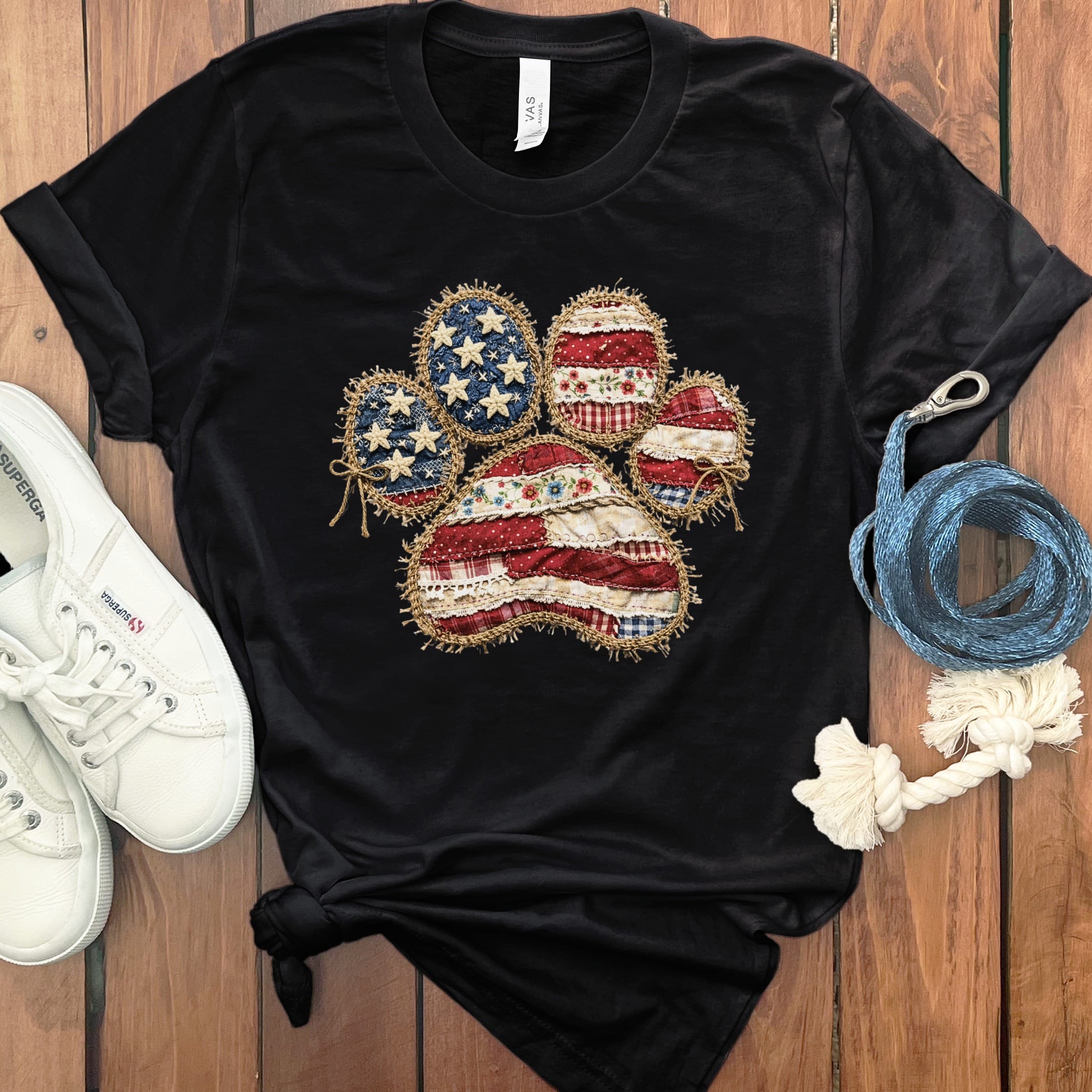 Faux Patchwork Patriotic Paw T-Shirt in Black / S by Puppy Jo