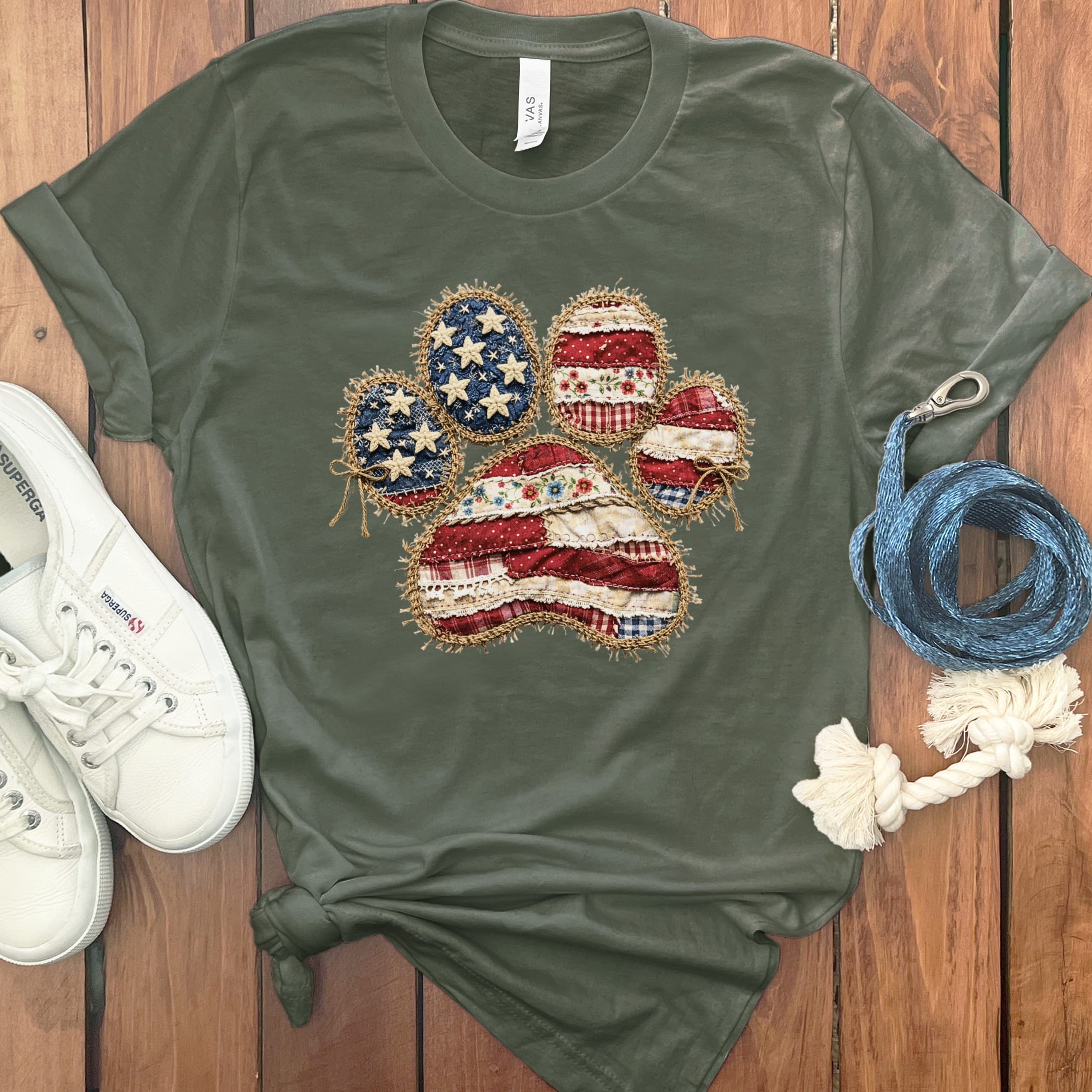 Faux Patchwork Patriotic Paw T-Shirt in Military Green / S by Puppy Jo