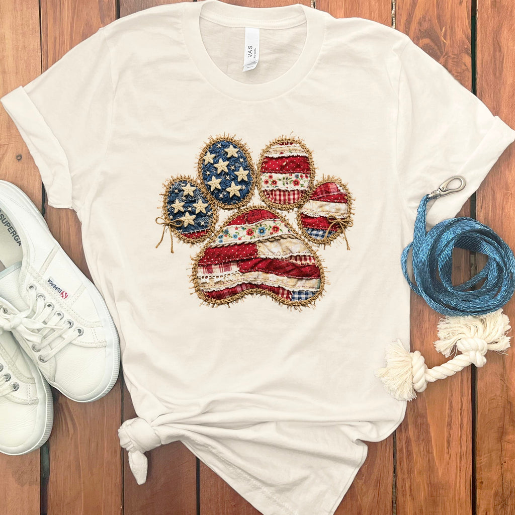 Faux Patchwork Patriotic Paw T-Shirt in Natural / S by Puppy Jo