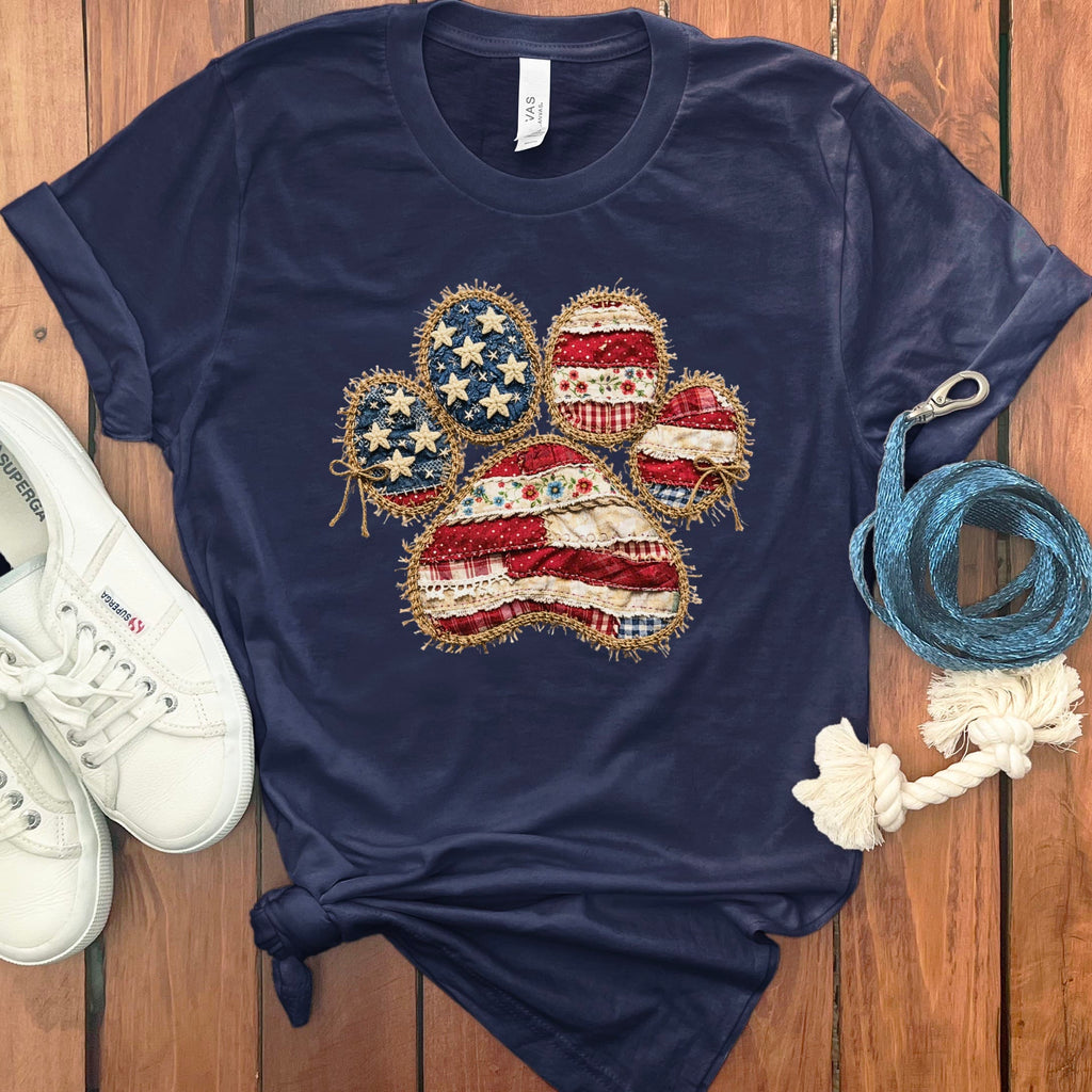 Faux Patchwork Patriotic Paw T-Shirt in Navy / S by Puppy Jo