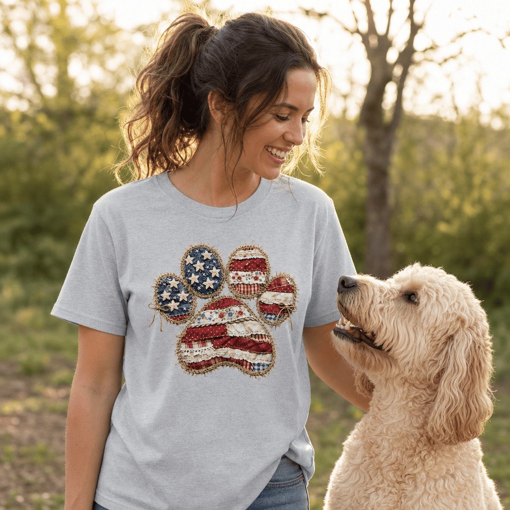 Faux Patchwork Patriotic Paw T-Shirt in by Puppy Jo