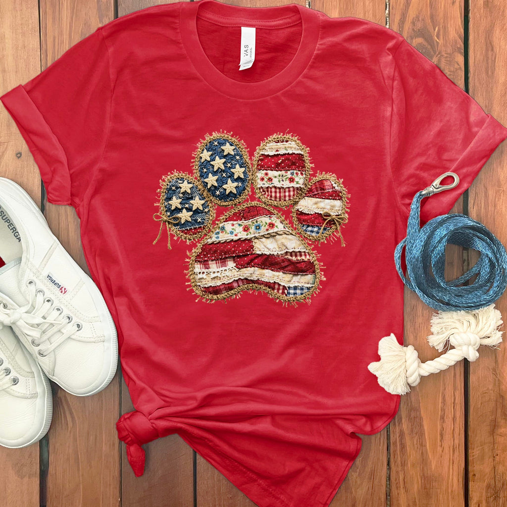 Faux Patchwork Patriotic Paw T-Shirt in Red / S by Puppy Jo