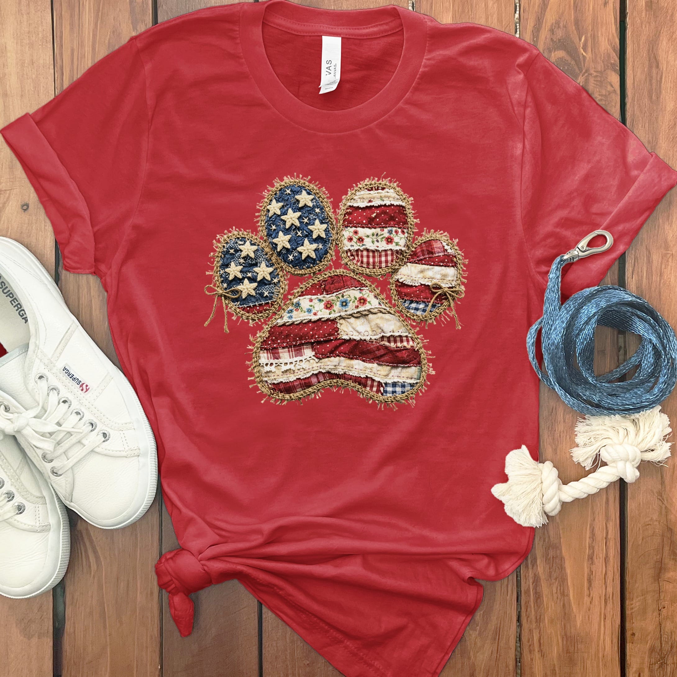 Faux Patchwork Patriotic Paw T-Shirt in Red / S by Puppy Jo