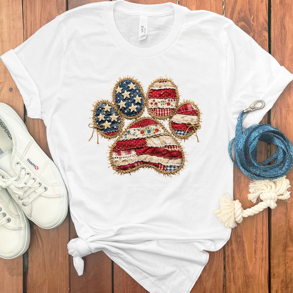 Faux Patchwork Patriotic Paw T-Shirt in White / S by Puppy Jo