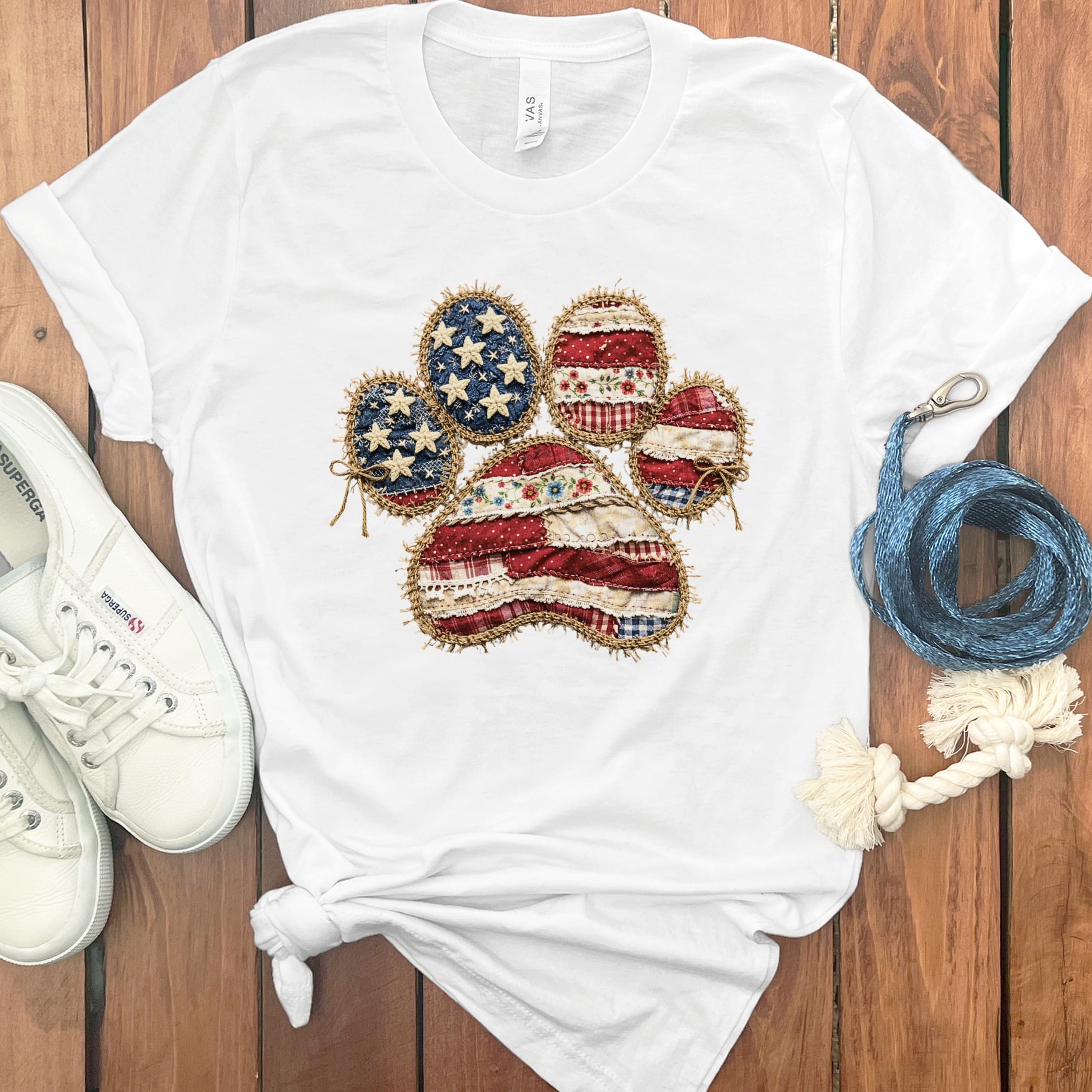 Faux Patchwork Patriotic Paw T-Shirt in White / S by Puppy Jo