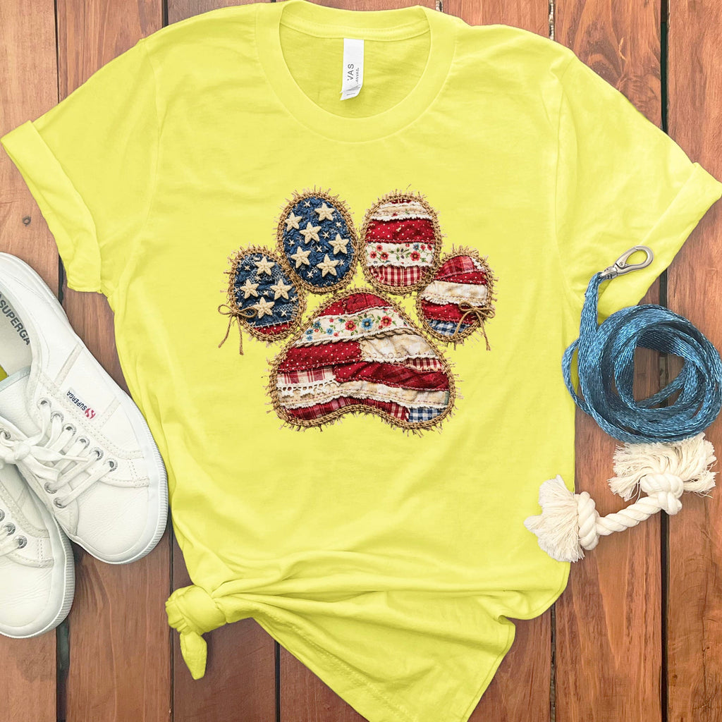 Faux Patchwork Patriotic Paw T-Shirt in Yellow / S by Puppy Jo