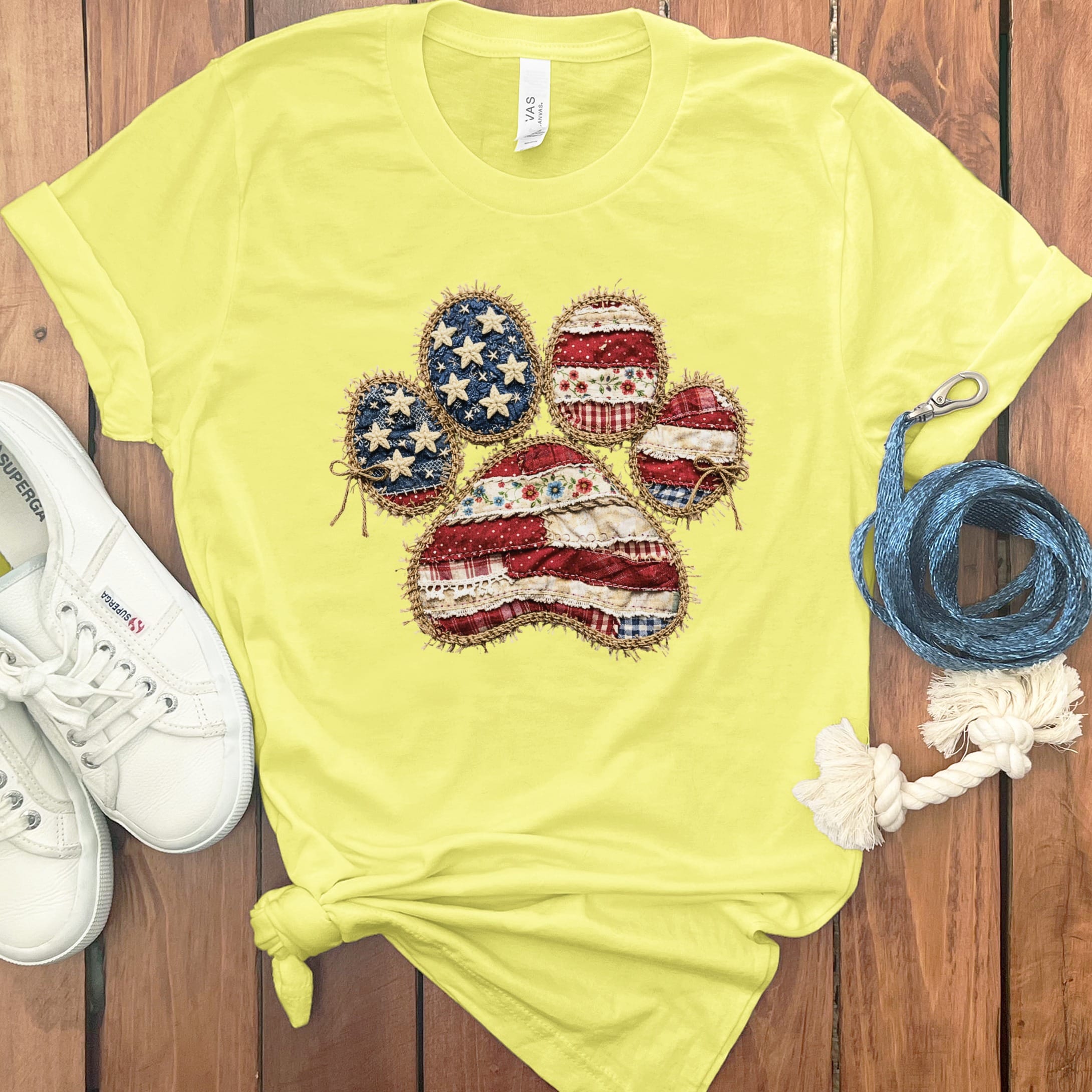Faux Patchwork Patriotic Paw T-Shirt in Yellow / S by Puppy Jo