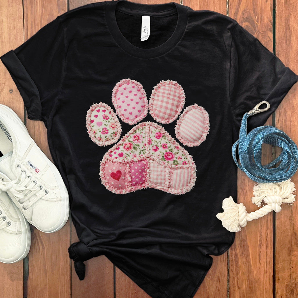 Faux Pink Patchwork Paw T-Shirt in Black / M / T-Shirts by MyDesigns