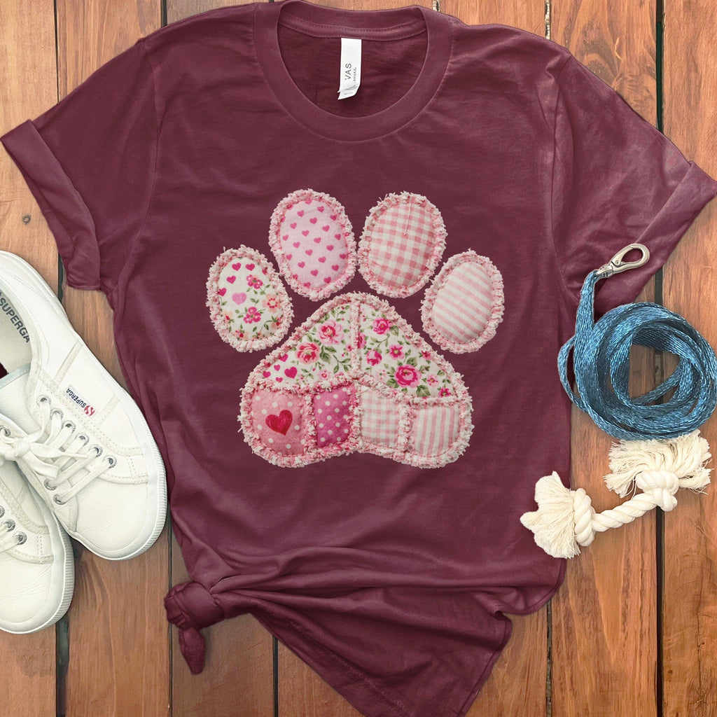 Faux Pink Patchwork Paw T-Shirt in Maroon / M / T-Shirts by MyDesigns