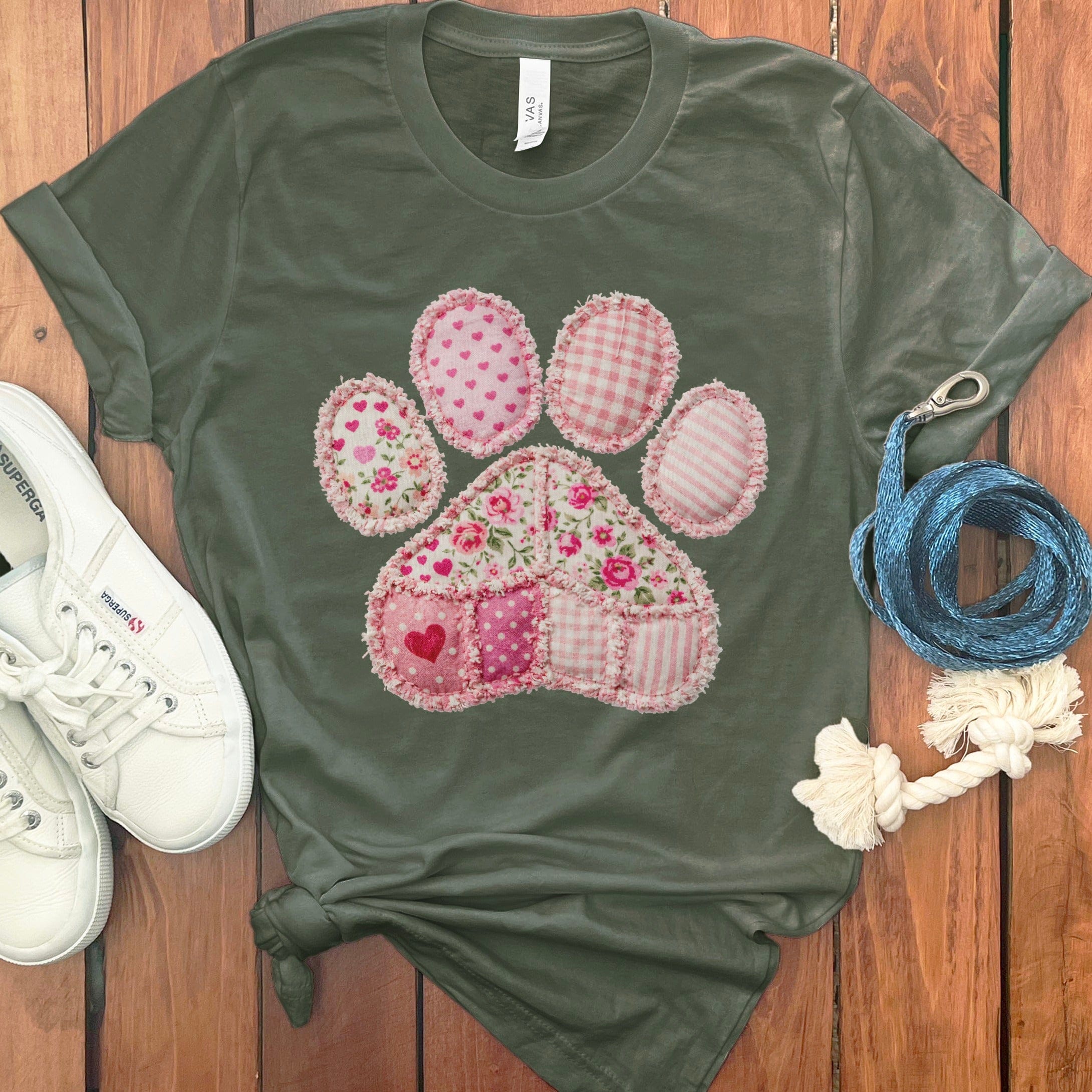 Faux Pink Patchwork Paw T-Shirt in Military Green / M / T-Shirts by MyDesigns