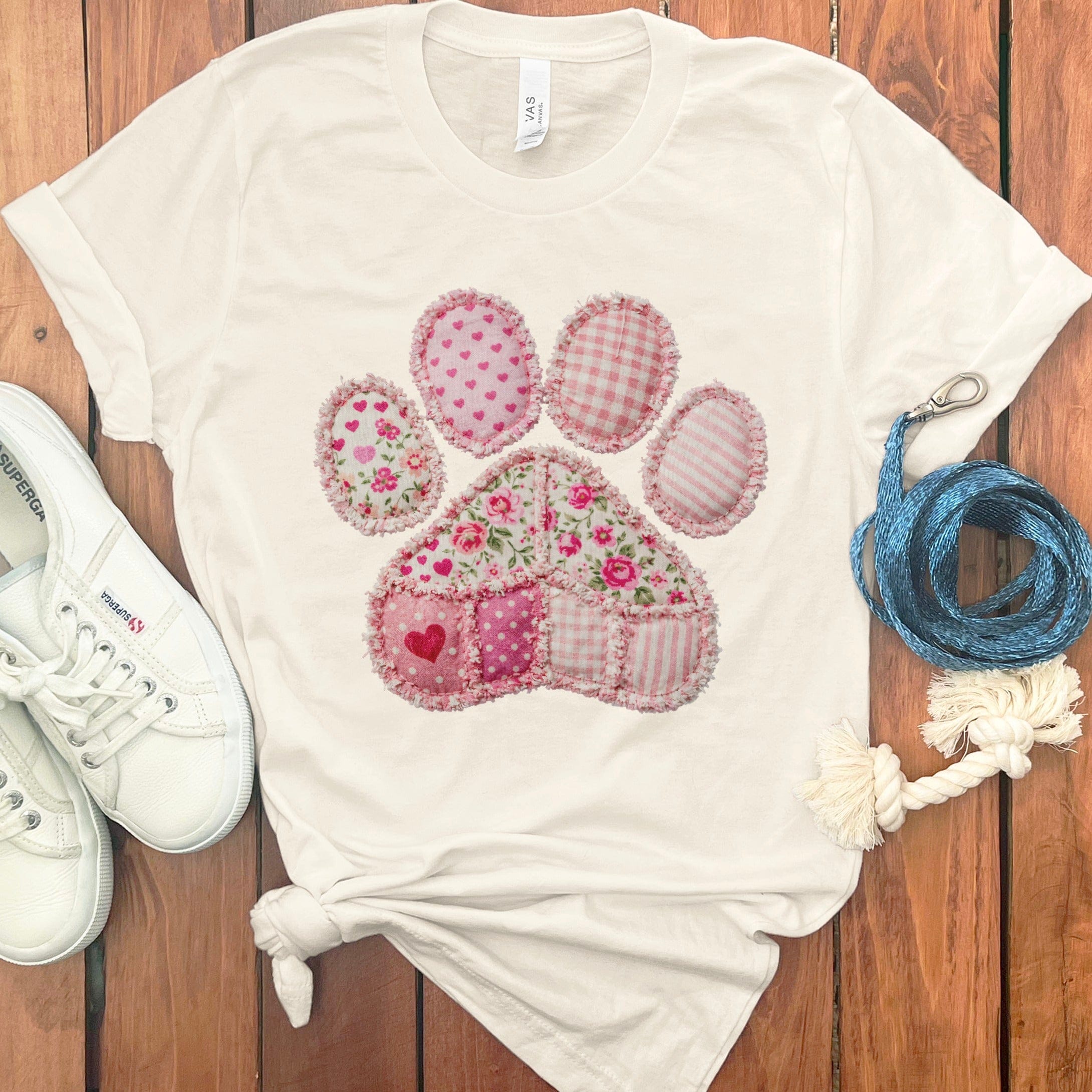 Faux Pink Patchwork Paw T-Shirt in Natural / M / T-Shirts #1 by MyDesigns