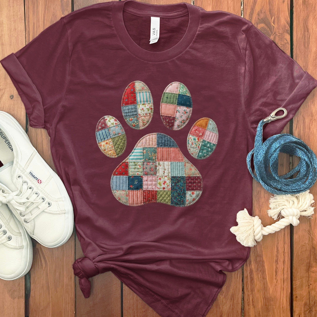 Faux Quilt Paw T-Shirt in Maroon / S by Puppy Jo