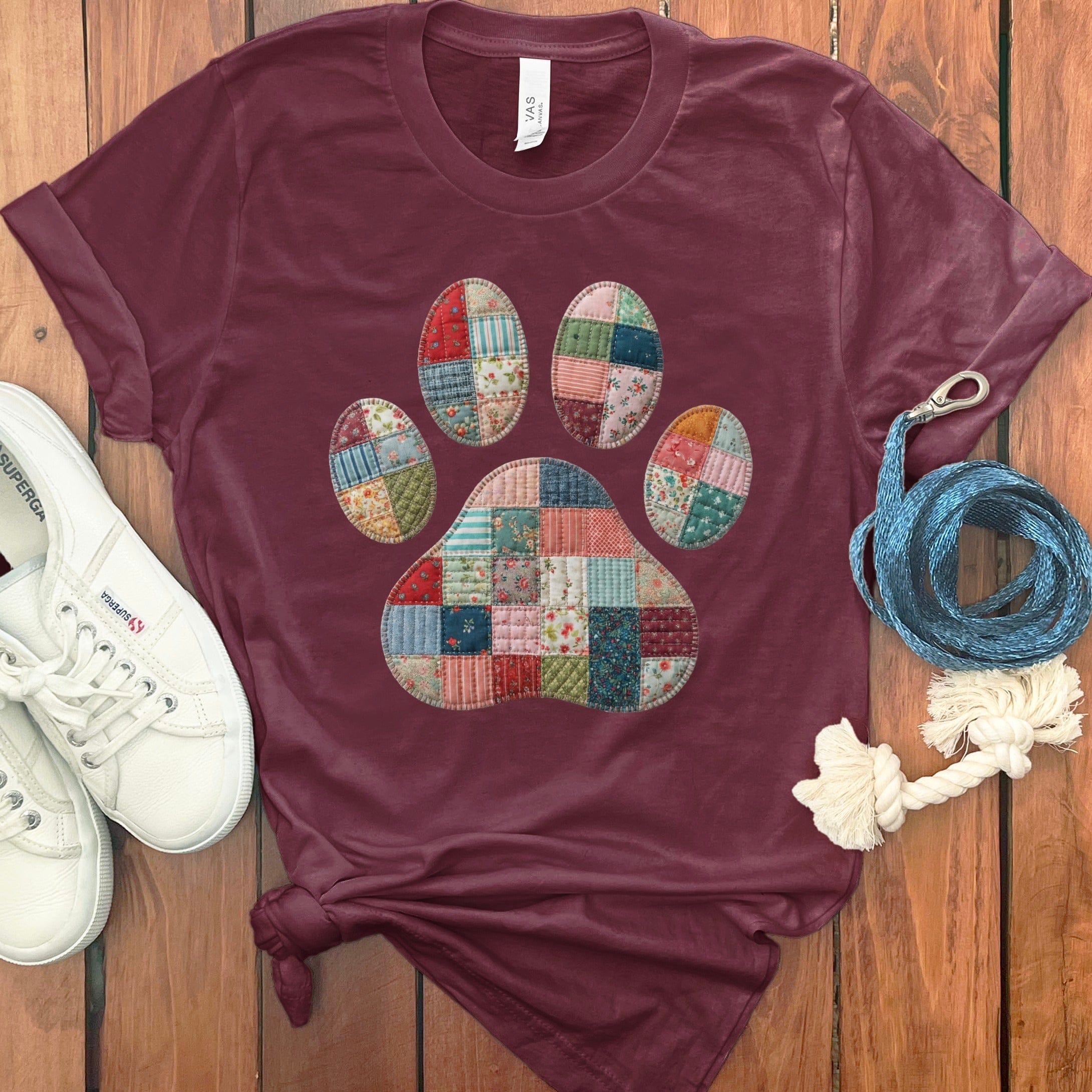 Faux Quilt Paw T-Shirt in Maroon / S by Puppy Jo