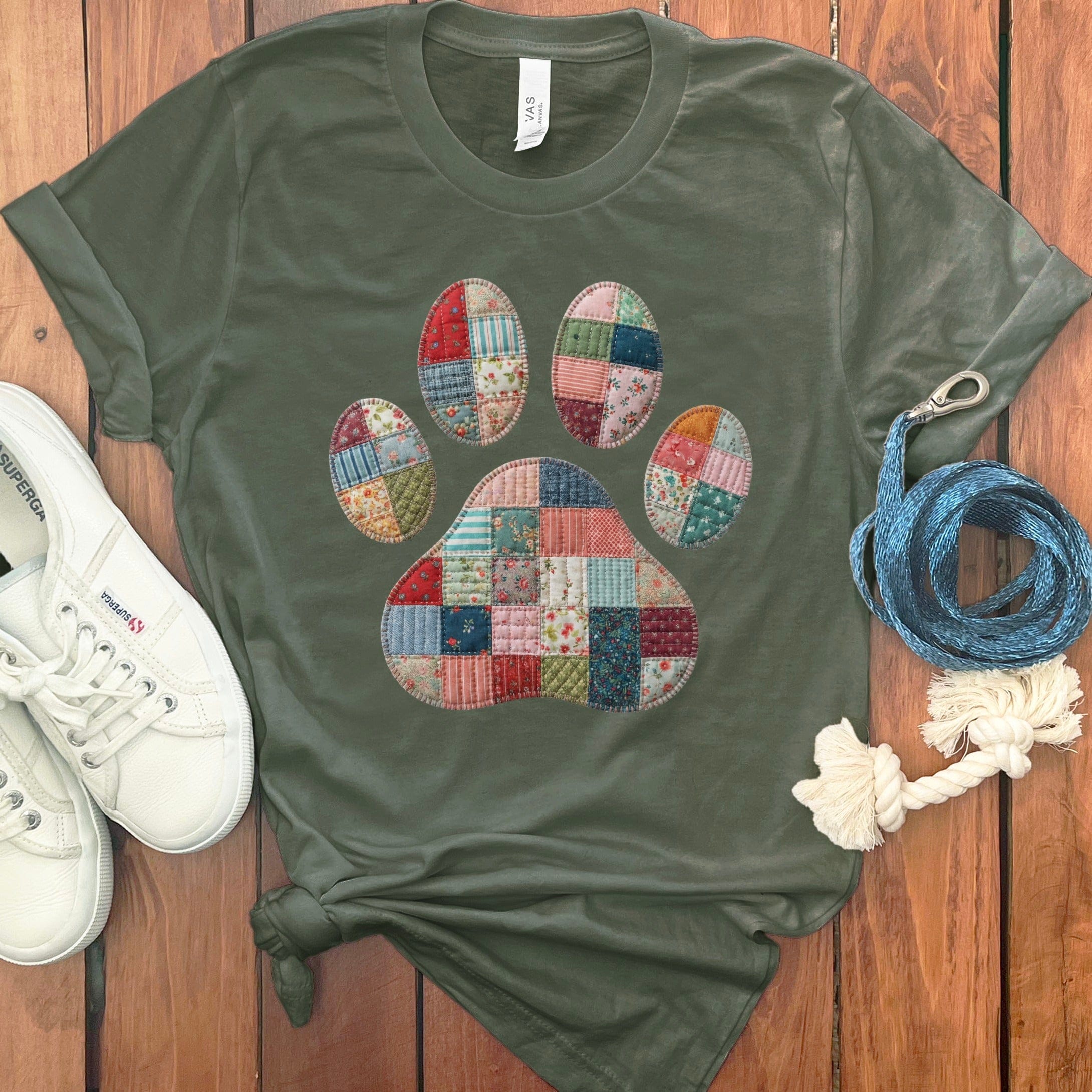 Faux Quilt Paw T-Shirt in Military Green / S by Puppy Jo