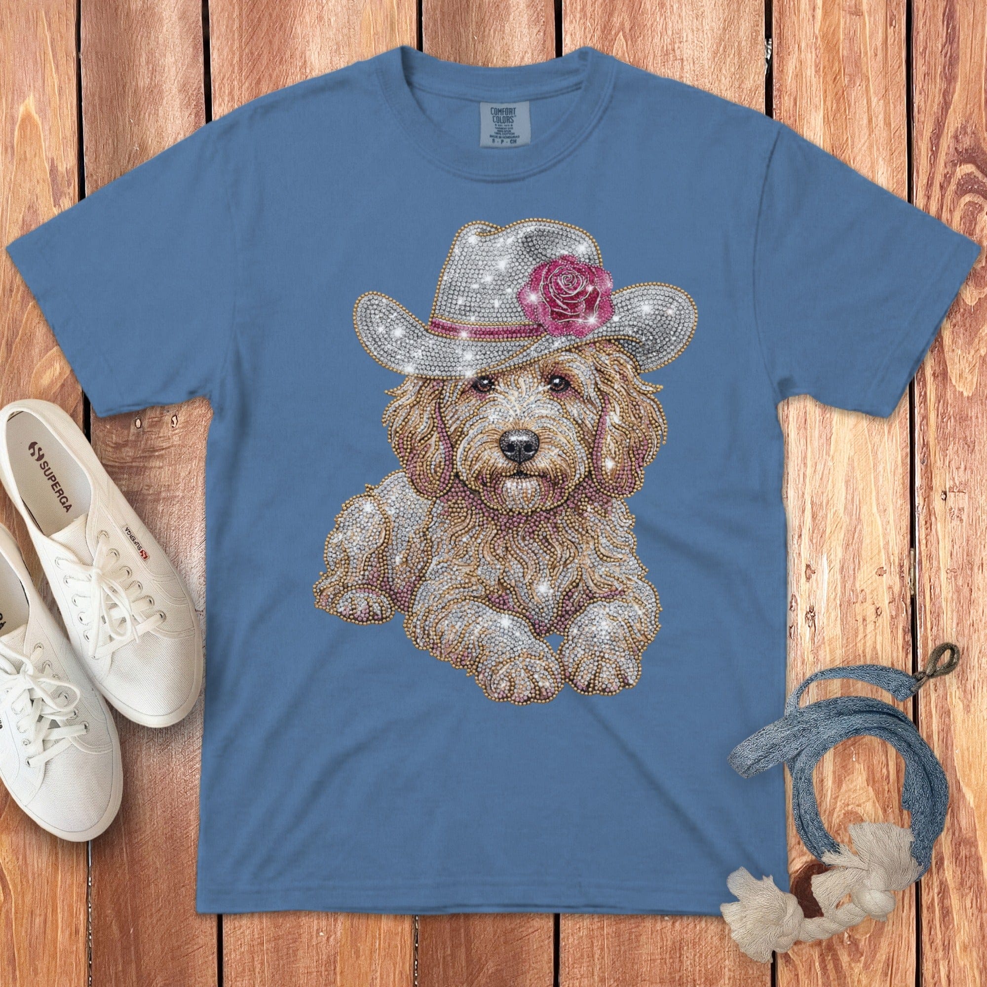 Faux Rhinestone Cowboy Doodle Signature T-Shirt in Blue Jean / S by Puppy Jo