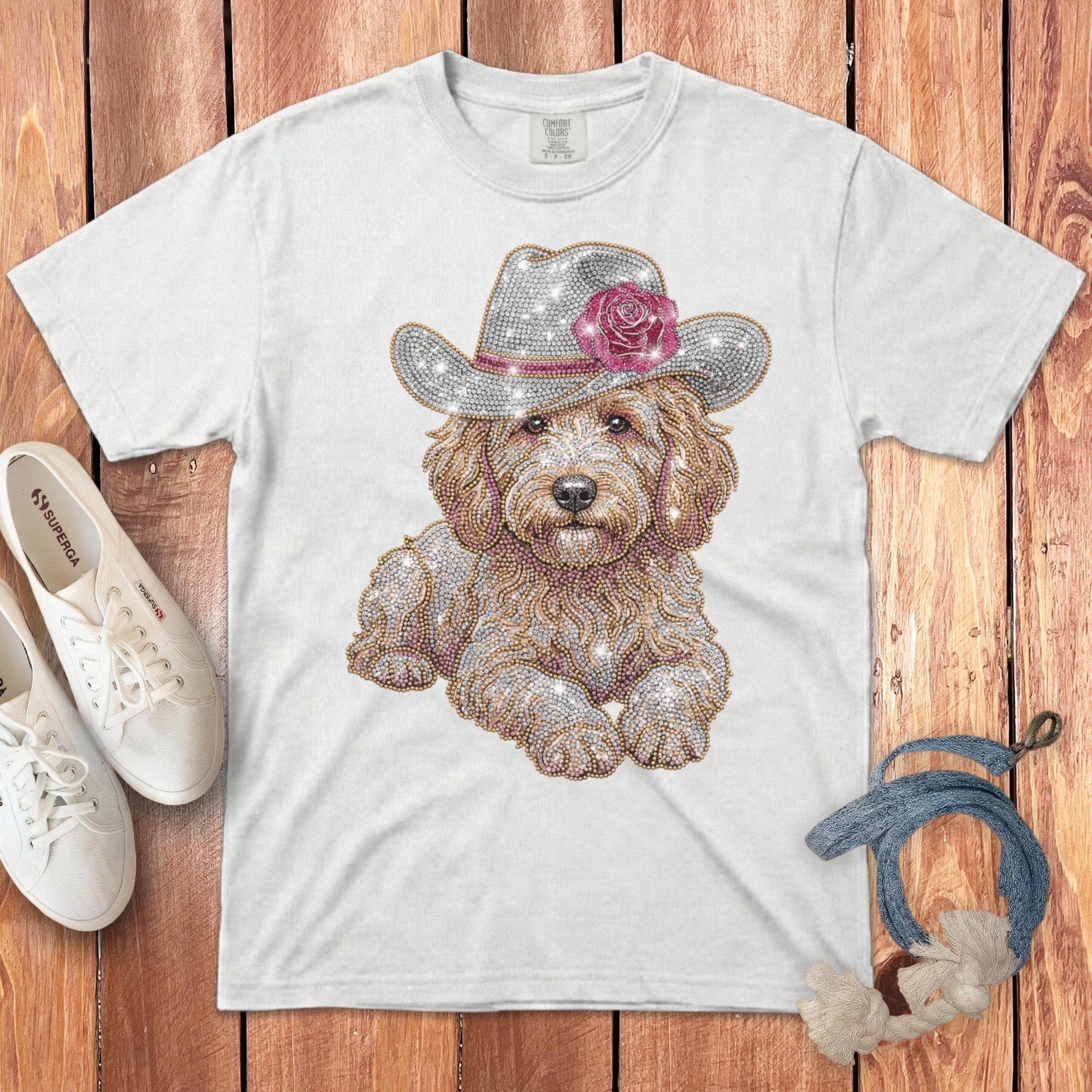 Faux Rhinestone Cowboy Doodle Signature T-Shirt in White / S by Puppy Jo