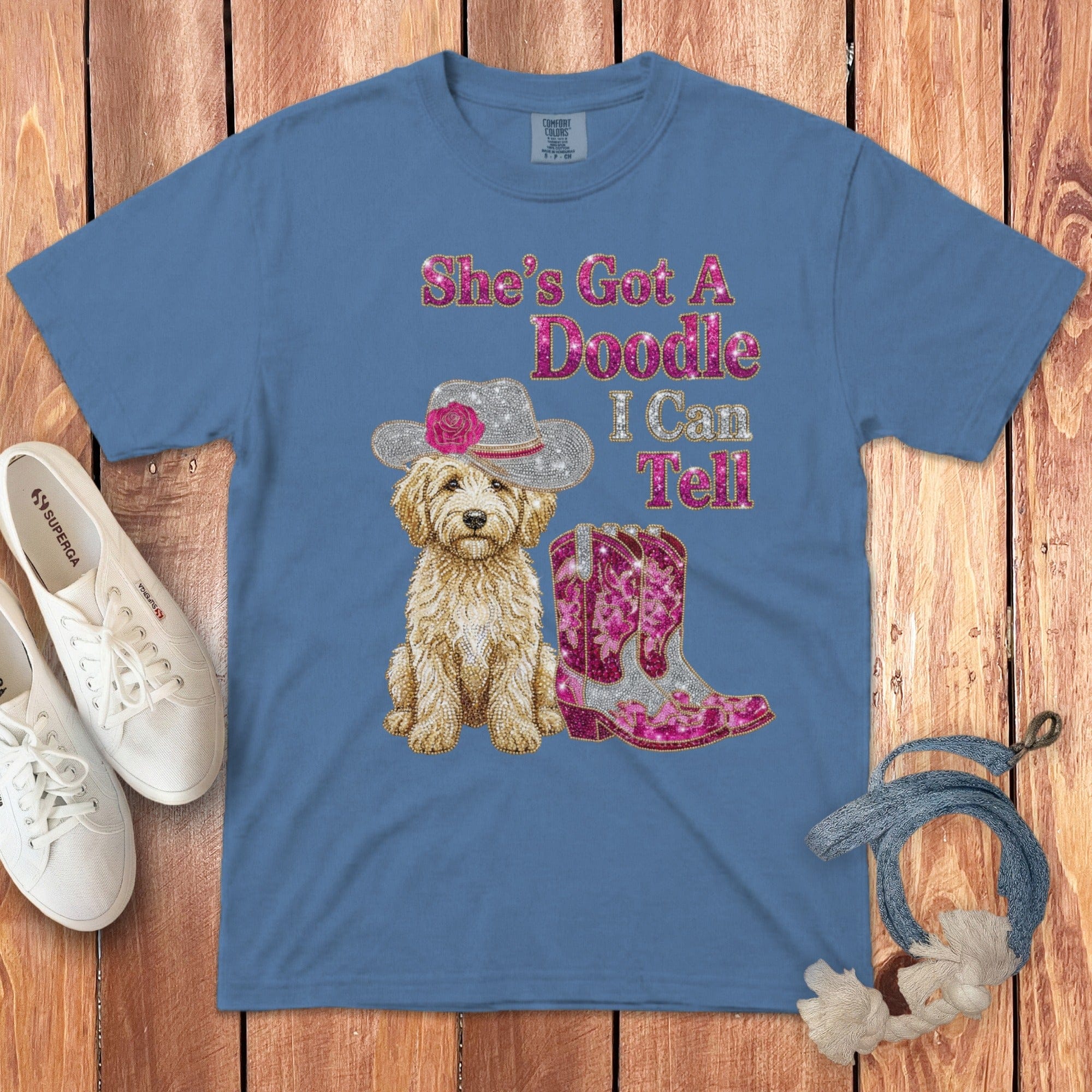 Faux Rhinestone Doodle Can Tell Signature T-Shirt in Blue Jean / S by Puppy Jo