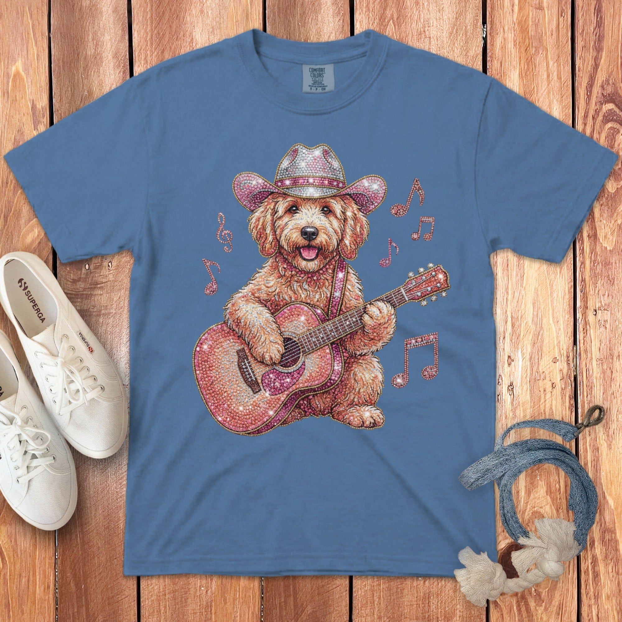 Faux Rhinestone Doodle Cowboy Signature T-Shirt in Blue Jean / S by Puppy Jo