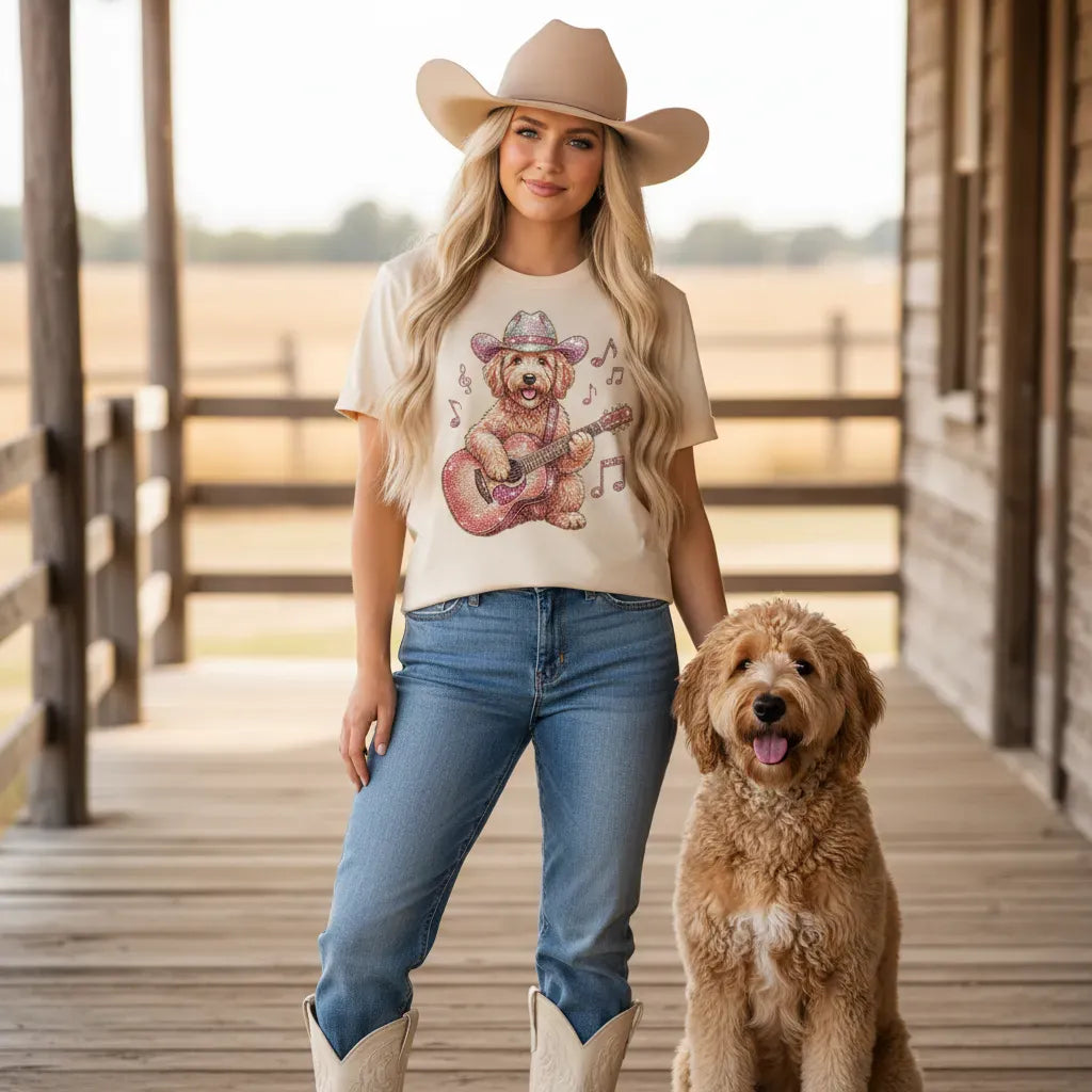 Faux Rhinestone Doodle Cowboy Signature T-Shirt in by Puppy Jo