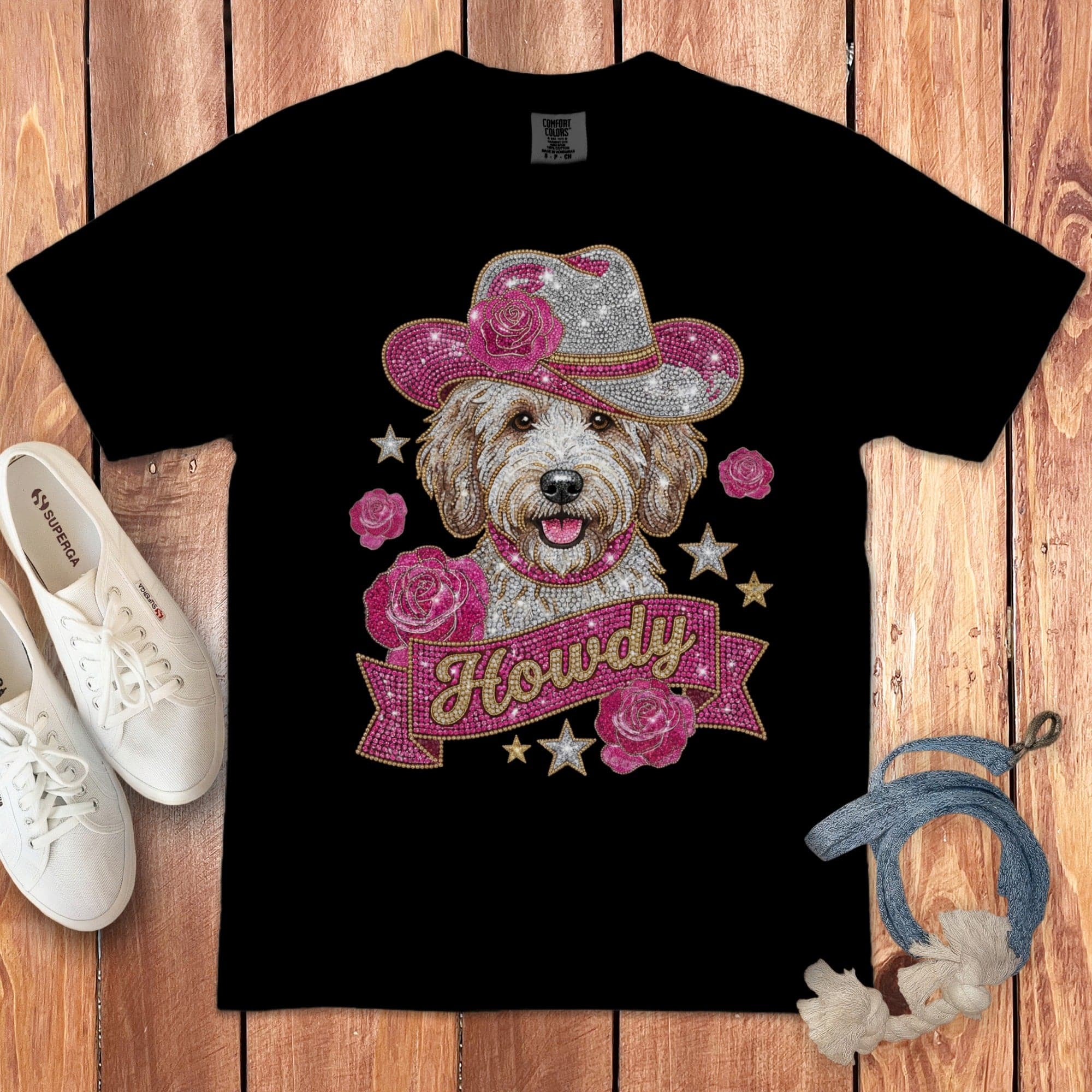 Faux Rhinestone Howdy Banner Signature T-Shirt in Black / S by Puppy Jo