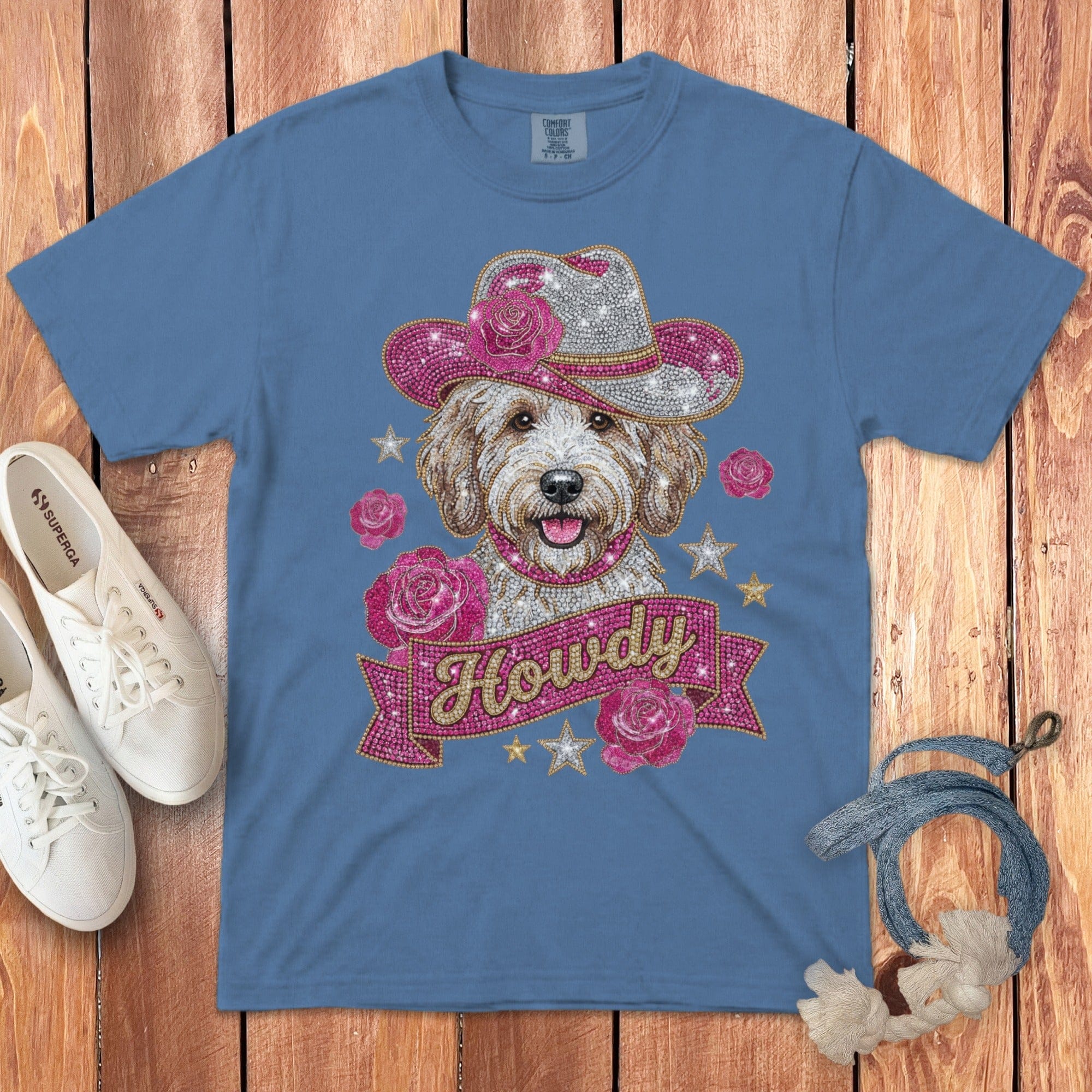 Faux Rhinestone Howdy Banner Signature T-Shirt in Blue Jean / S by Puppy Jo
