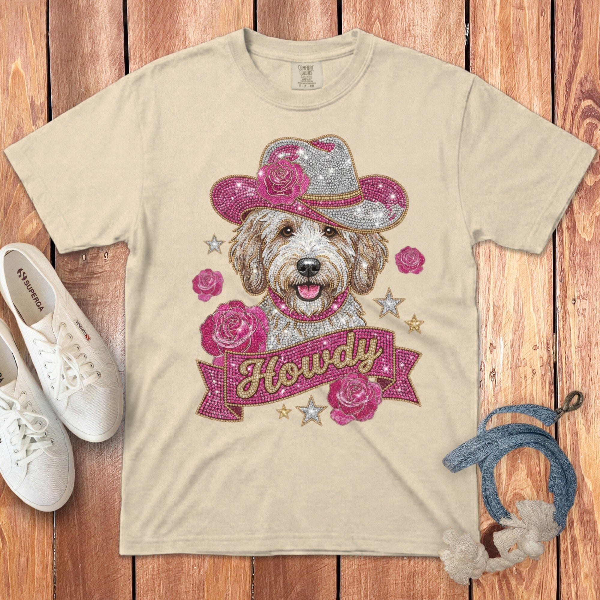 Faux Rhinestone Howdy Banner Signature T-Shirt in Ivory / S by Puppy Jo