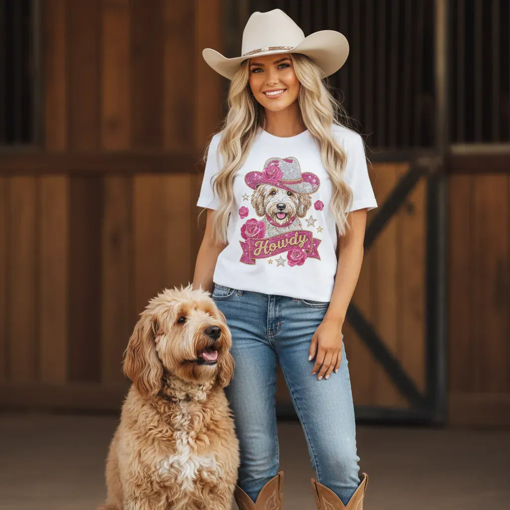 Faux Rhinestone Howdy Banner Signature T-Shirt in by Puppy Jo