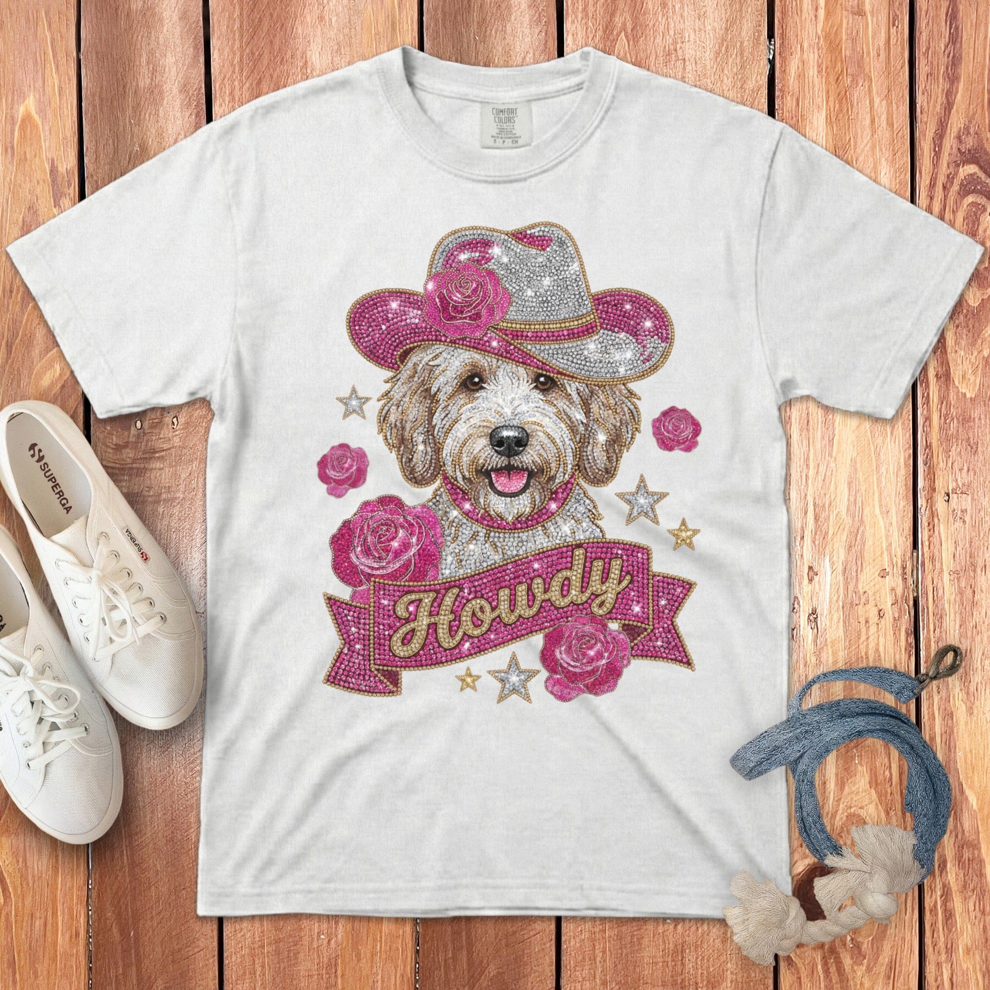 Faux Rhinestone Howdy Banner Signature T-Shirt in White / S by Puppy Jo