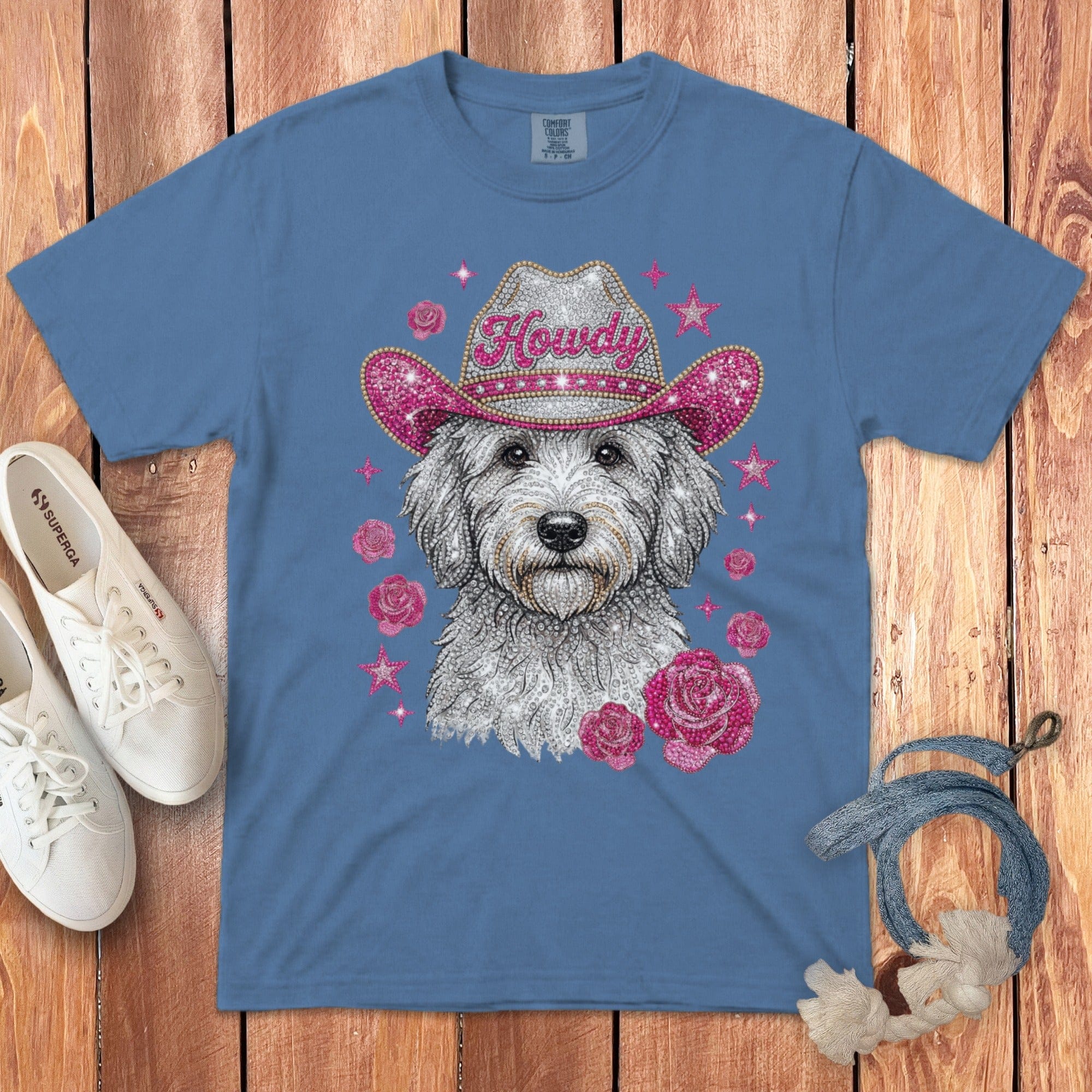 Faux Rhinestone Howdy Doodle Signature T-Shirt in Blue Jean / S by Puppy Jo